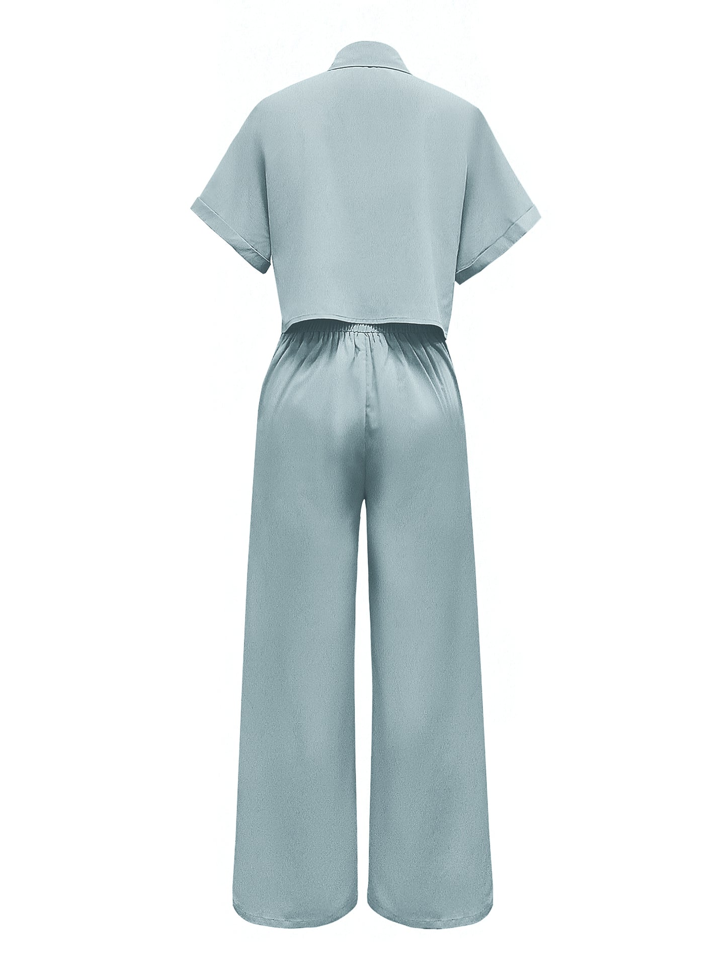 Two-Piece Solid Color Casual Outfit - Lapel Collar Short Sleeve Shirt and Pants Set - Polyester Woven Fabric, Spring/Summer Essential, No Elasticity, No Printing, and No Sheer