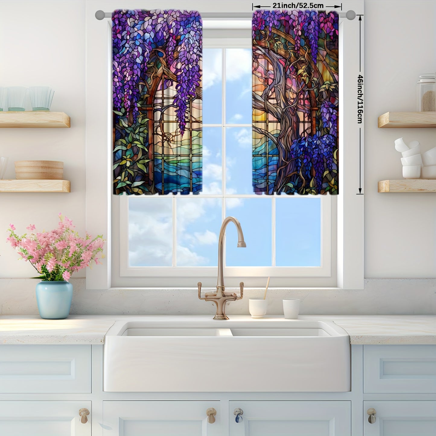 2pcs Stained Glass Flower Wisteria Printed Curtain For Home Decor Rod Pocket Window Treatment For Bedroom, Office, Kitchen, Living Room, And Study