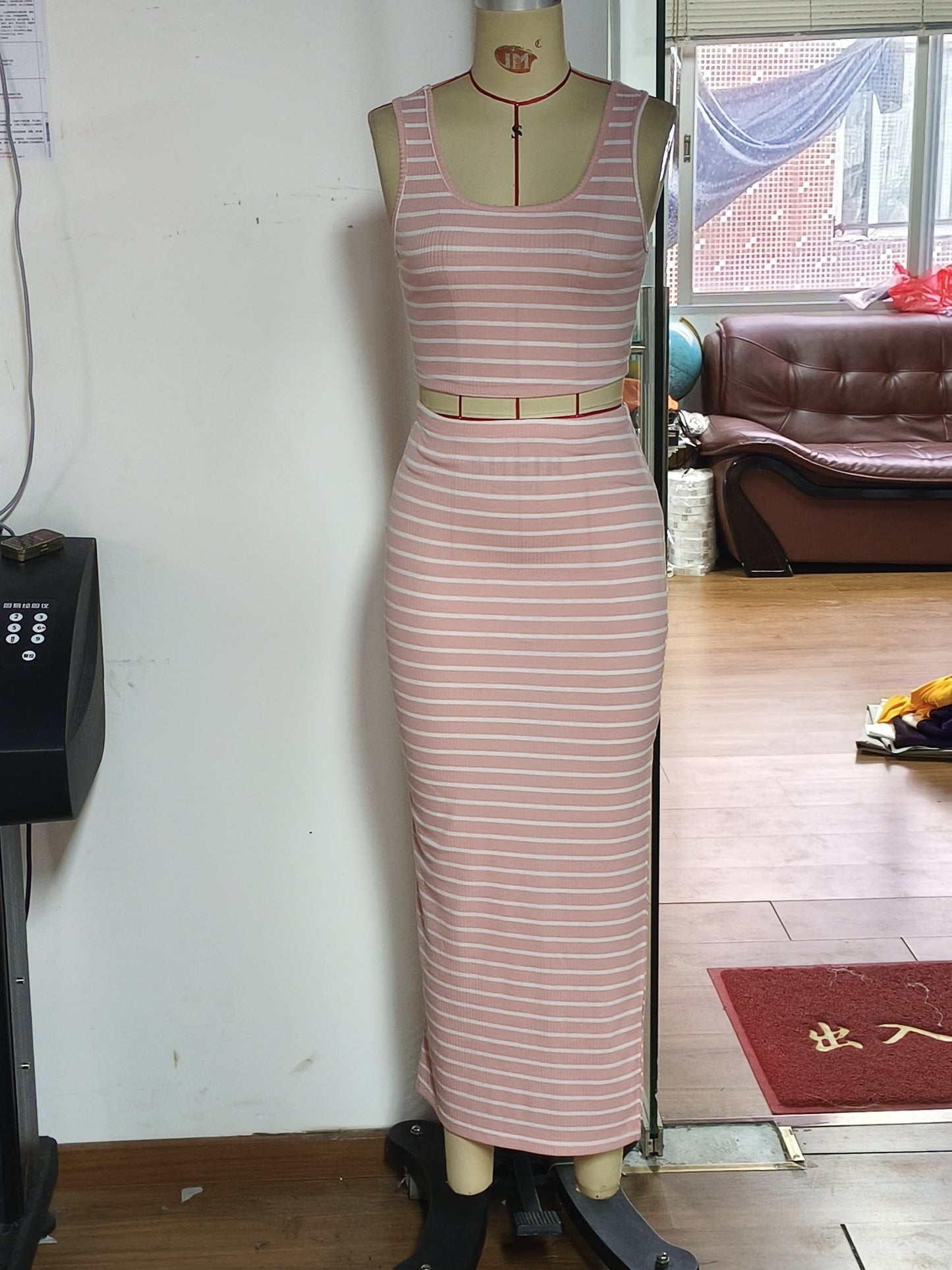 Two-Piece Chic Striped Print Set - Skirt Suits with Crew Neck Sleeveless Tank Top and Split High Waist Skirt Outfits, Elegant Women's Clothing for Everyday Wear