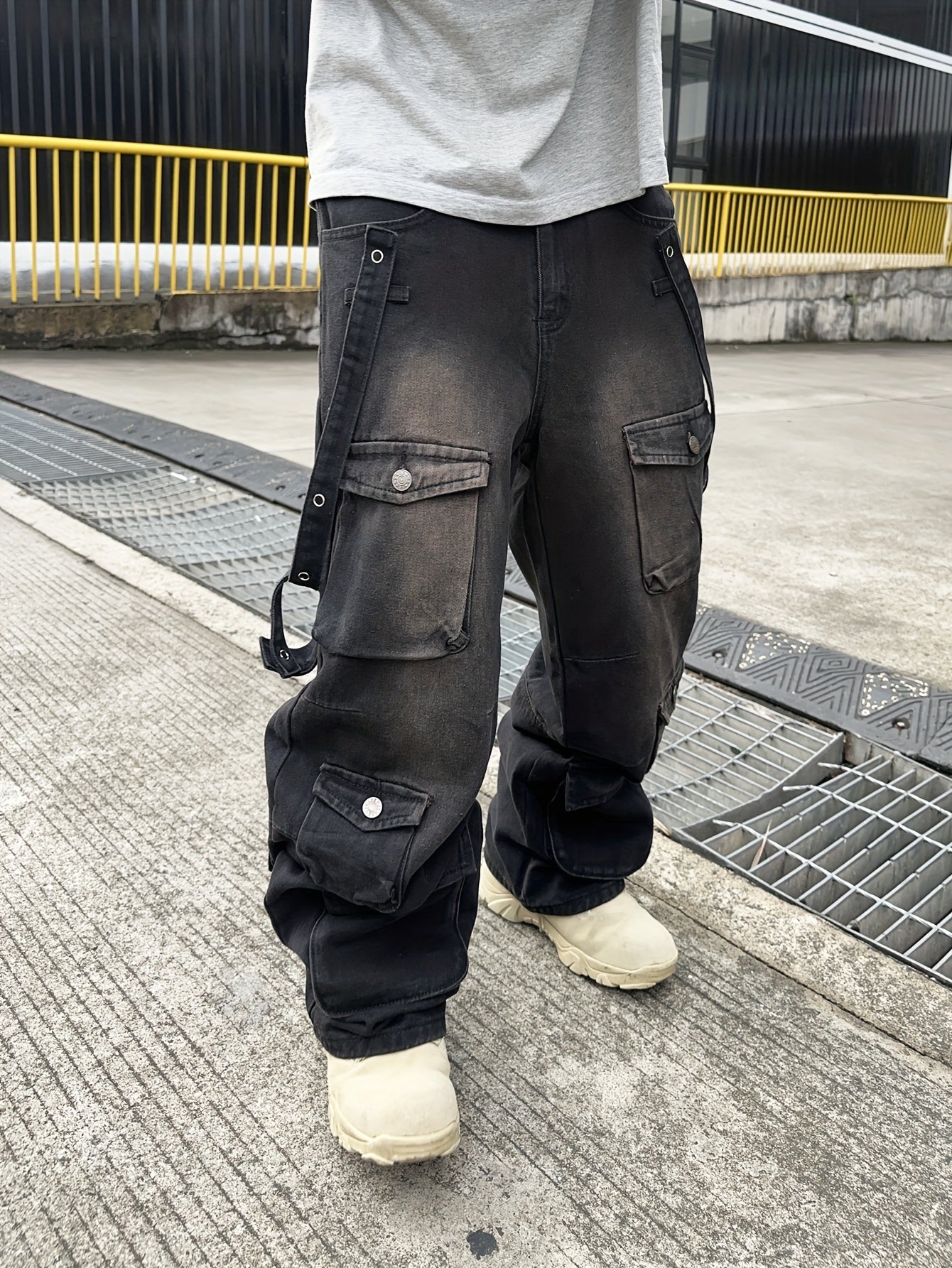 Men's Casual Loose Fit Cotton Denim Cargo Pants - All-Season Wear, Drawstring Waist