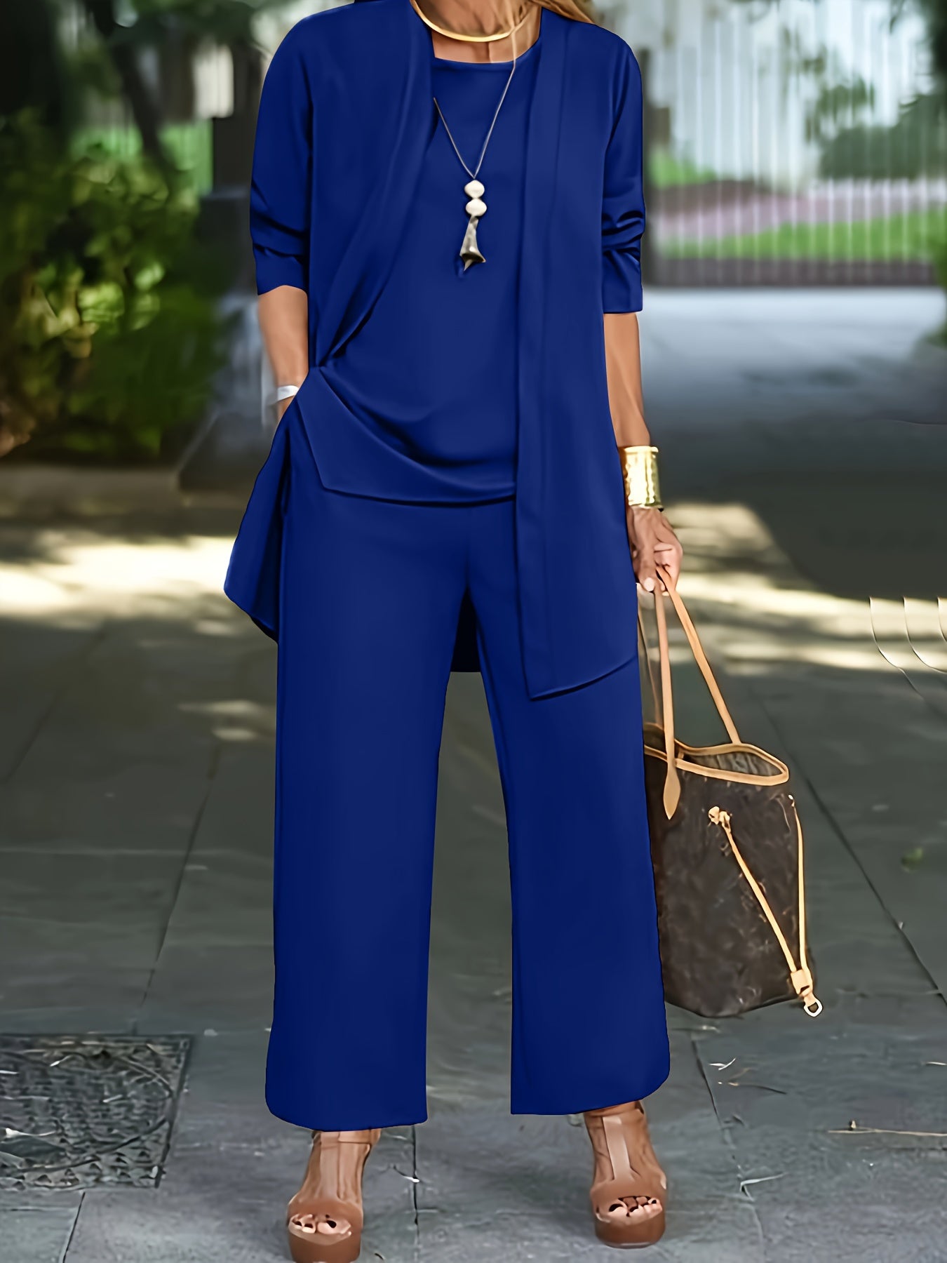 LOVECCR Casual Three-piece Solid Set, Long Sleeve Cardigan & Top & Long Pants Outfits, Women's Clothing