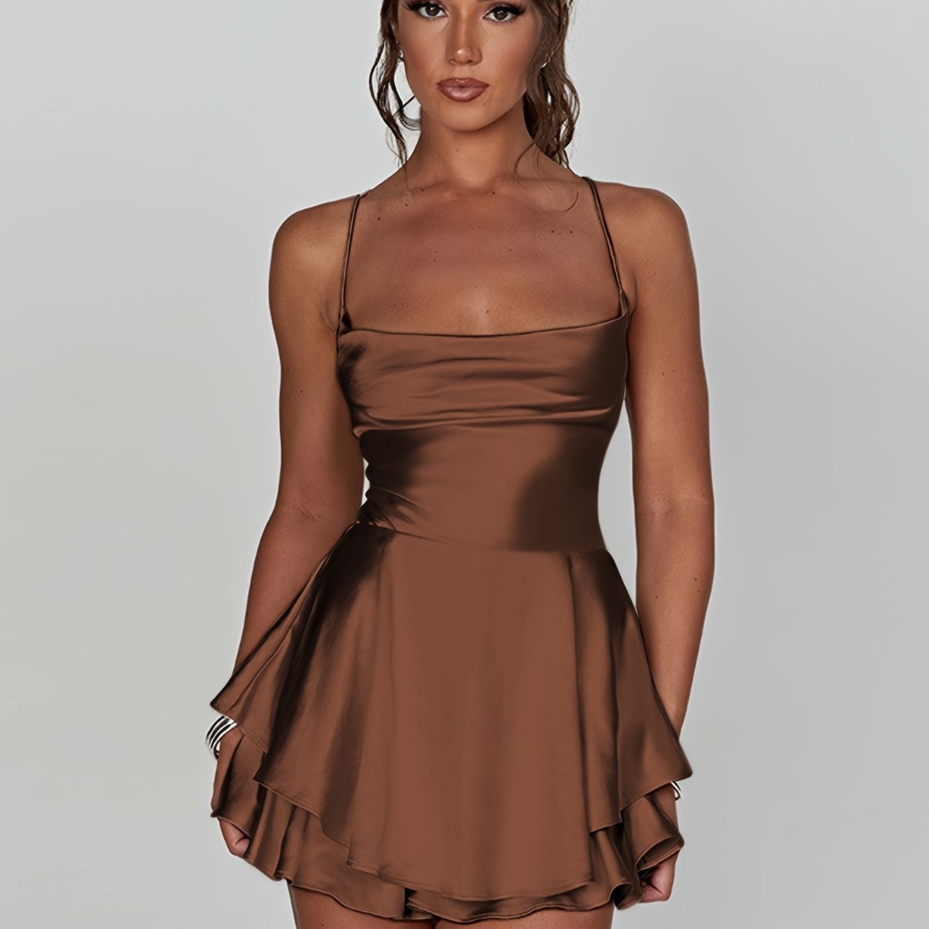 Mini Backless Ruffle Slingback Dress - Elegant Square Neck, High Elasticity Polyester, Solid Color, Knit Fabric, Perfect for Coquette Y2K Style Party Dressing - Womens Clothing for All Seasons