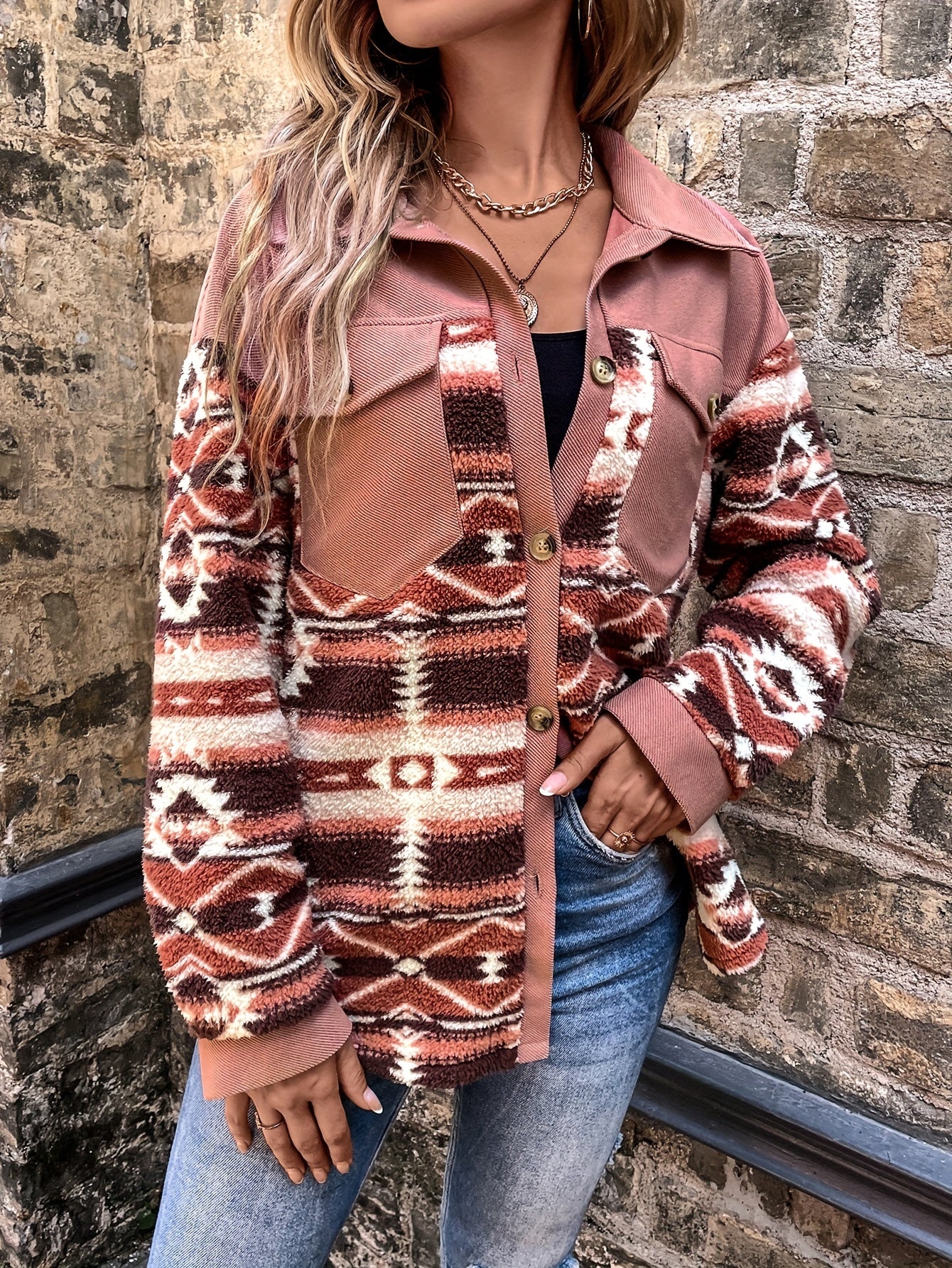 Stylish Aztec Pattern Teddy Jacket - Soft, Casual, Long Sleeve, Button Front Outerwear for Fall & Winter - Women's Cozy Clothing for Daily Wear