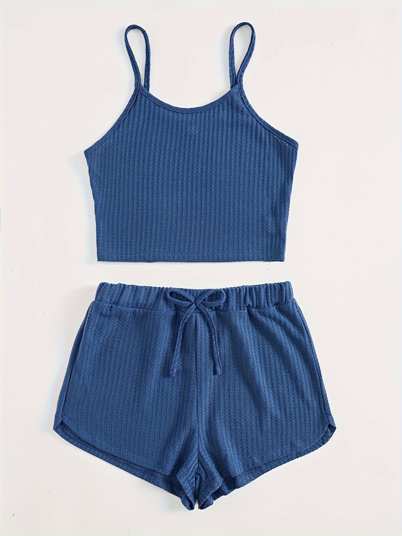 Solid Waffle Shorts Casual Set, Spaghetti Strap Sleeveless Crop Cami Top & Knotted Front Shorts Outfits, Women's Clothing