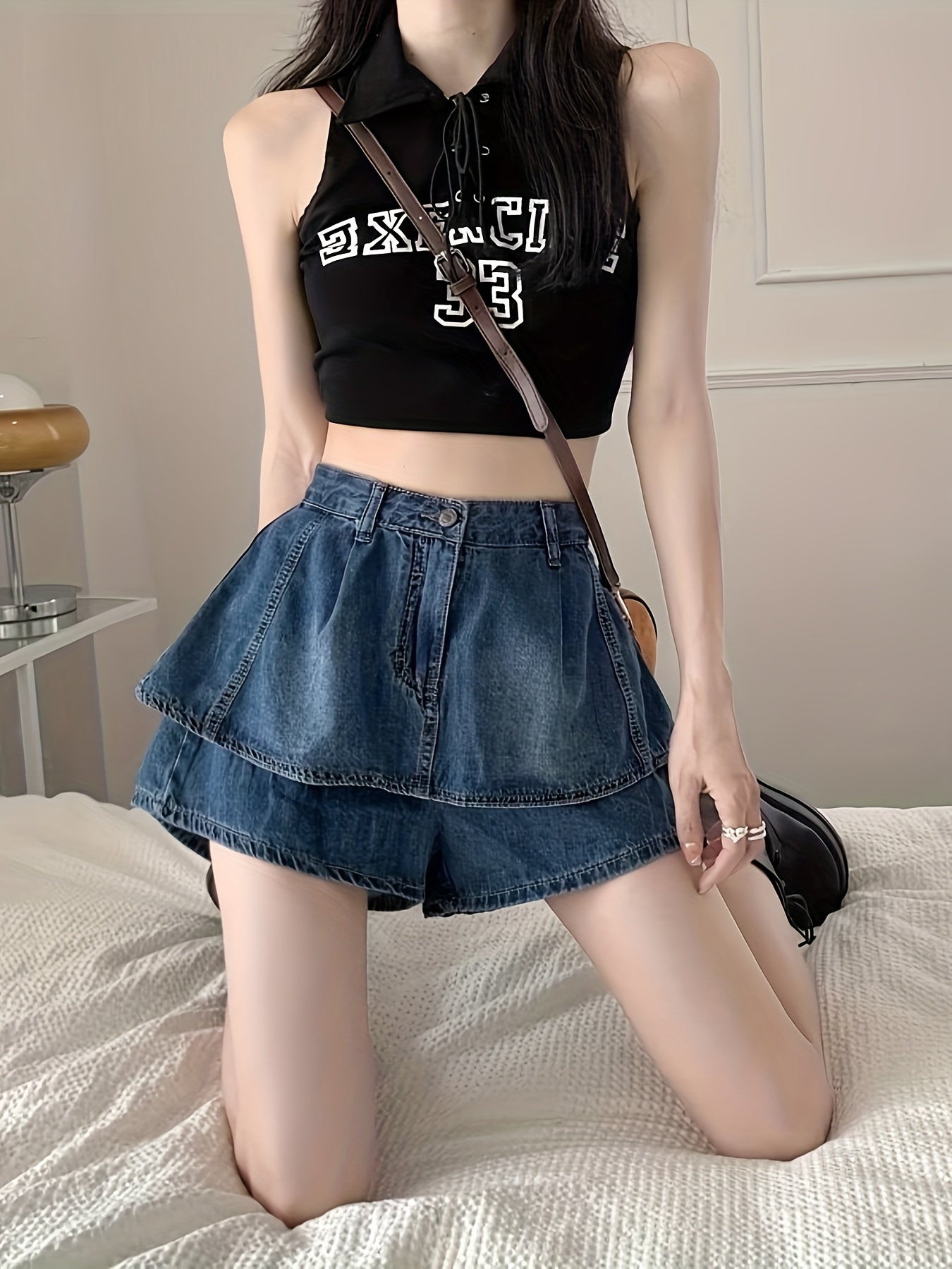 Vintage High Waist Flared Denim Skirted Shorts - Button Front, Slight Stretch, Brief Length, Solid Color, Machine Washable - Perfect for Spring, Summer, and Fall Seasons