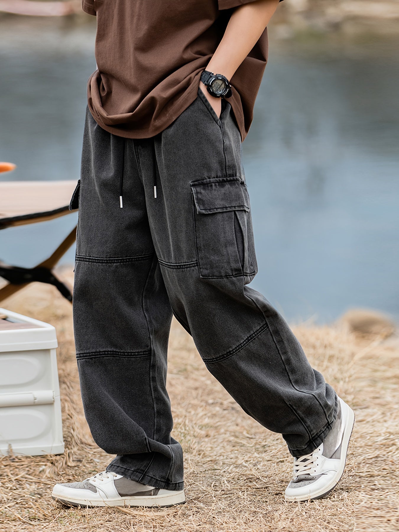 Multi-Pocket Loose Fit Denim Cargo Pants - Soft Cotton Blend, Drawstring Waist, Relaxed Style for Spring and Fall Outdoor Activities, Casual Everyday Wear