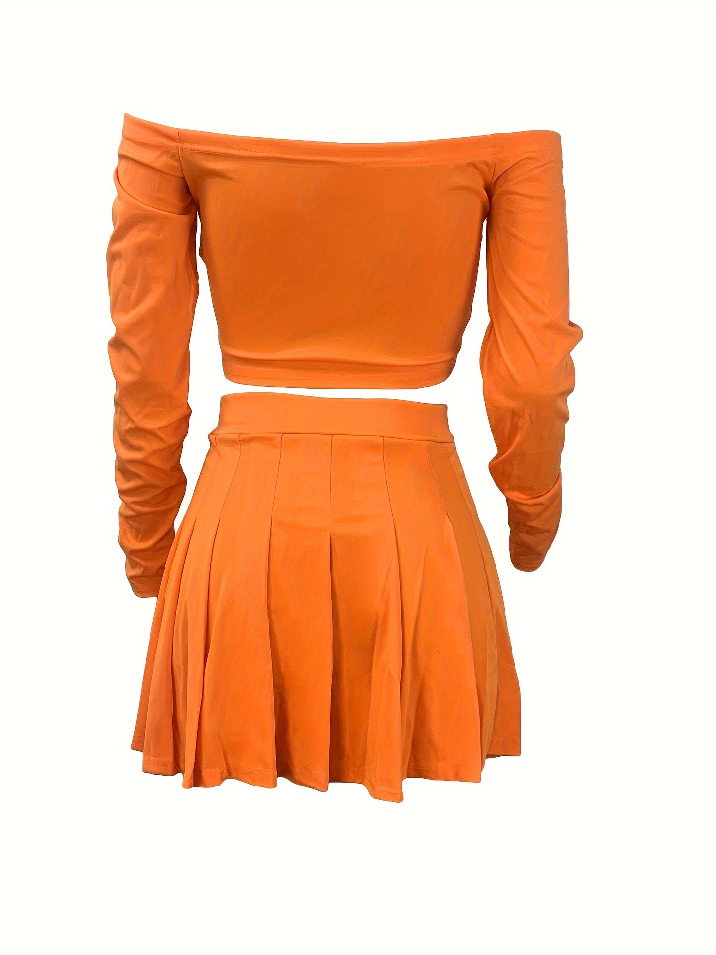 Trendy Two-Piece Skirt Suit - Elegant Off Shoulder Long Sleeve Crop Top & Pleated Mini Skirt Outfit for Women - Chic, Comfortable, and Versatile Clothing for Daily Life
