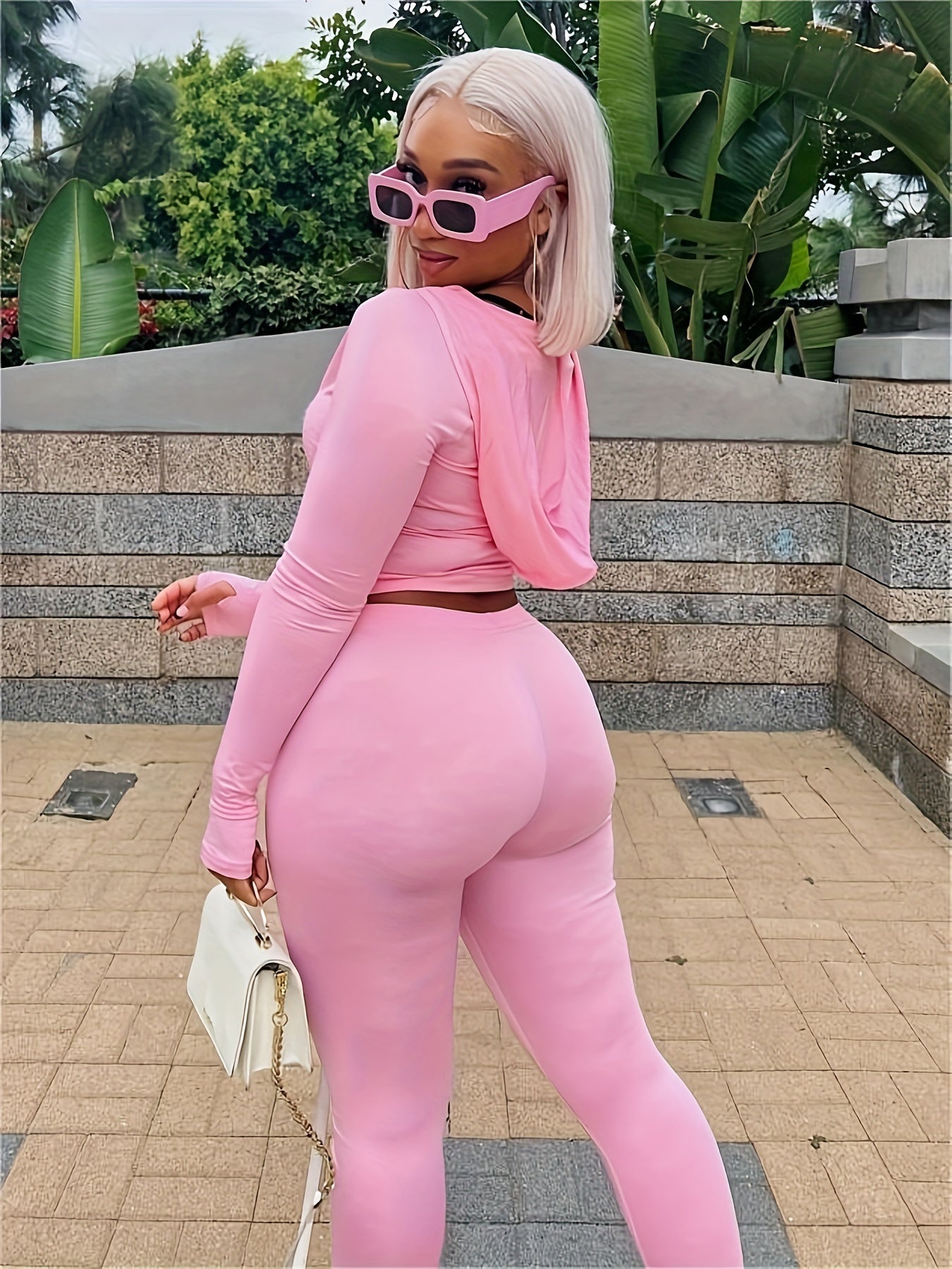 Trendy Two-Piece Crop Top and Pants Outfit - Sleek Solid Design, Long Sleeve Zip Hooded Top, Super Skinny Pants, Effortlessly Casual Style, Complete Womens Clothing Set for Everyday Wear