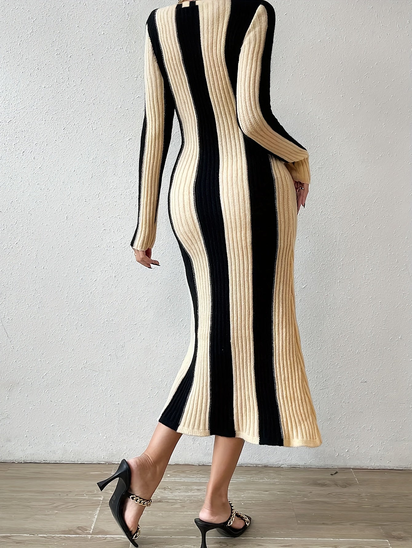 Elegant Striped Bodycon Dress | Fall/Winter Chic Long Sleeve Color Block - Rib-Knit, Crew Neck, Warm Acrylic Blend