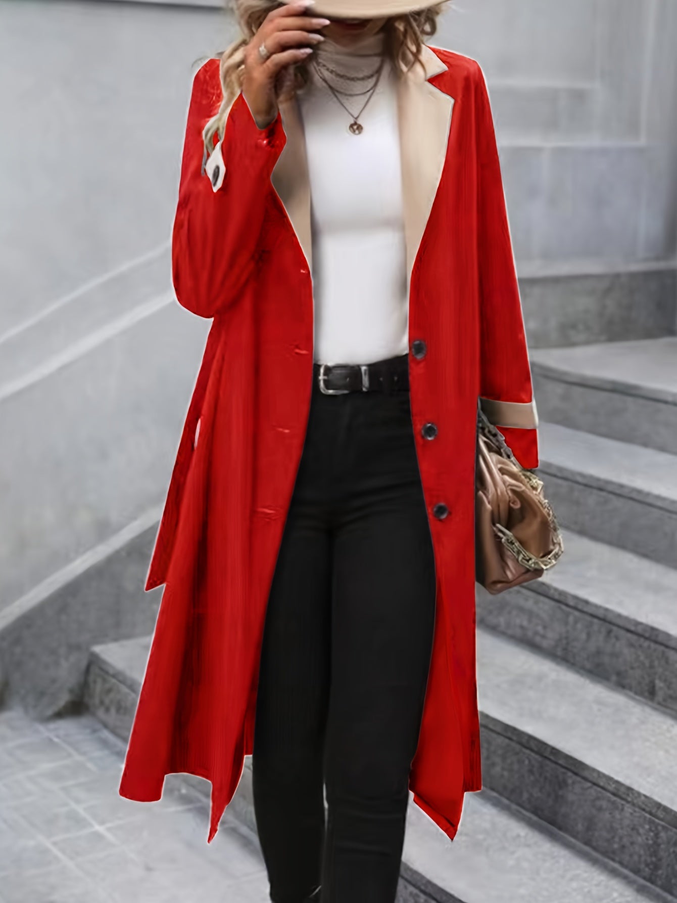 Elegant Women's Single Breasted Mid-Length Trench Coat - Classic Belted Lapel Neck Long Sleeve Open Front Outerwear for Chic Style - Water-Resistant, Windproof, and Versatile Clothing for Daily Life