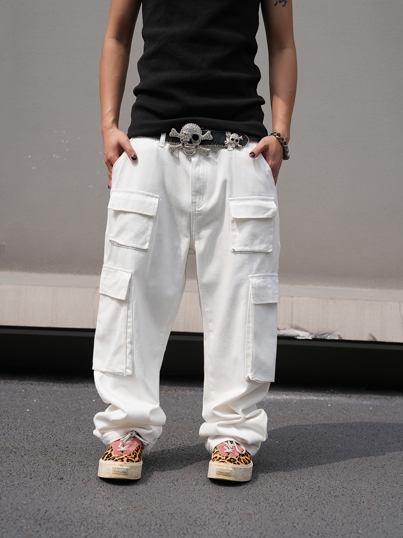 Men's Loose 100% Cotton Solid Denim Cargo Pants With Multi Pockets, Causal Jeans For Outdoor Activities