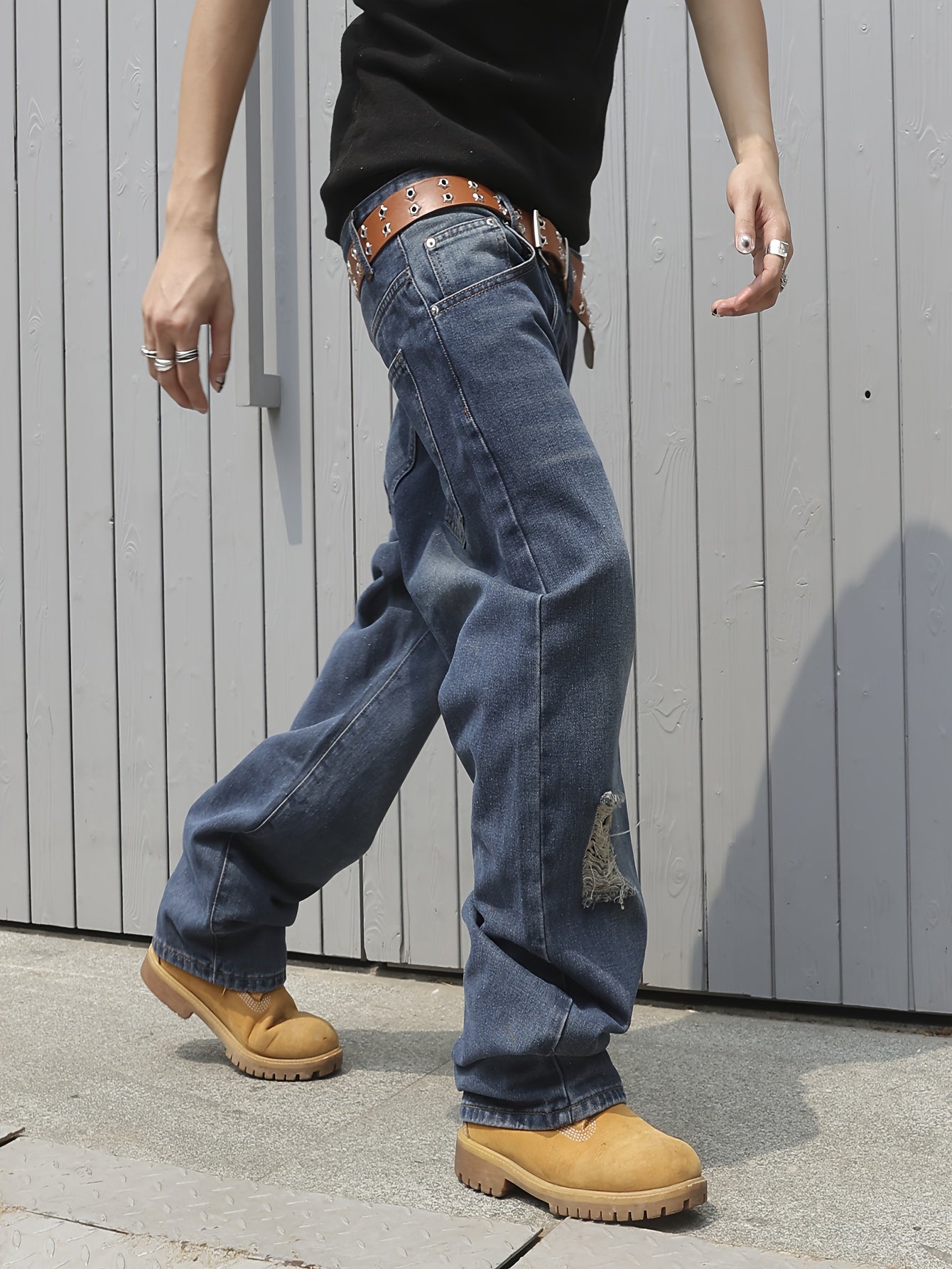Men's Cotton Blend Chic Daily Ripped Baggy Jeans, Hip Hop Style Loose Fit Streetwear Denim Jeans
