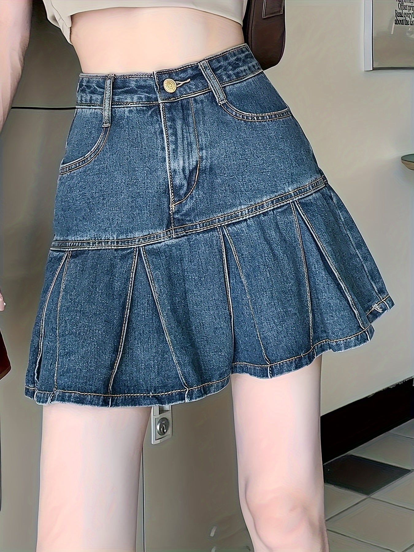 High-Waisted Pleated A-Line Mini Skirt for Women - Slim Fit, Non-Stretch Cotton, Button Closure, Machine Washable - Retro Chic Style for Spring, Summer, and Fall Seasons