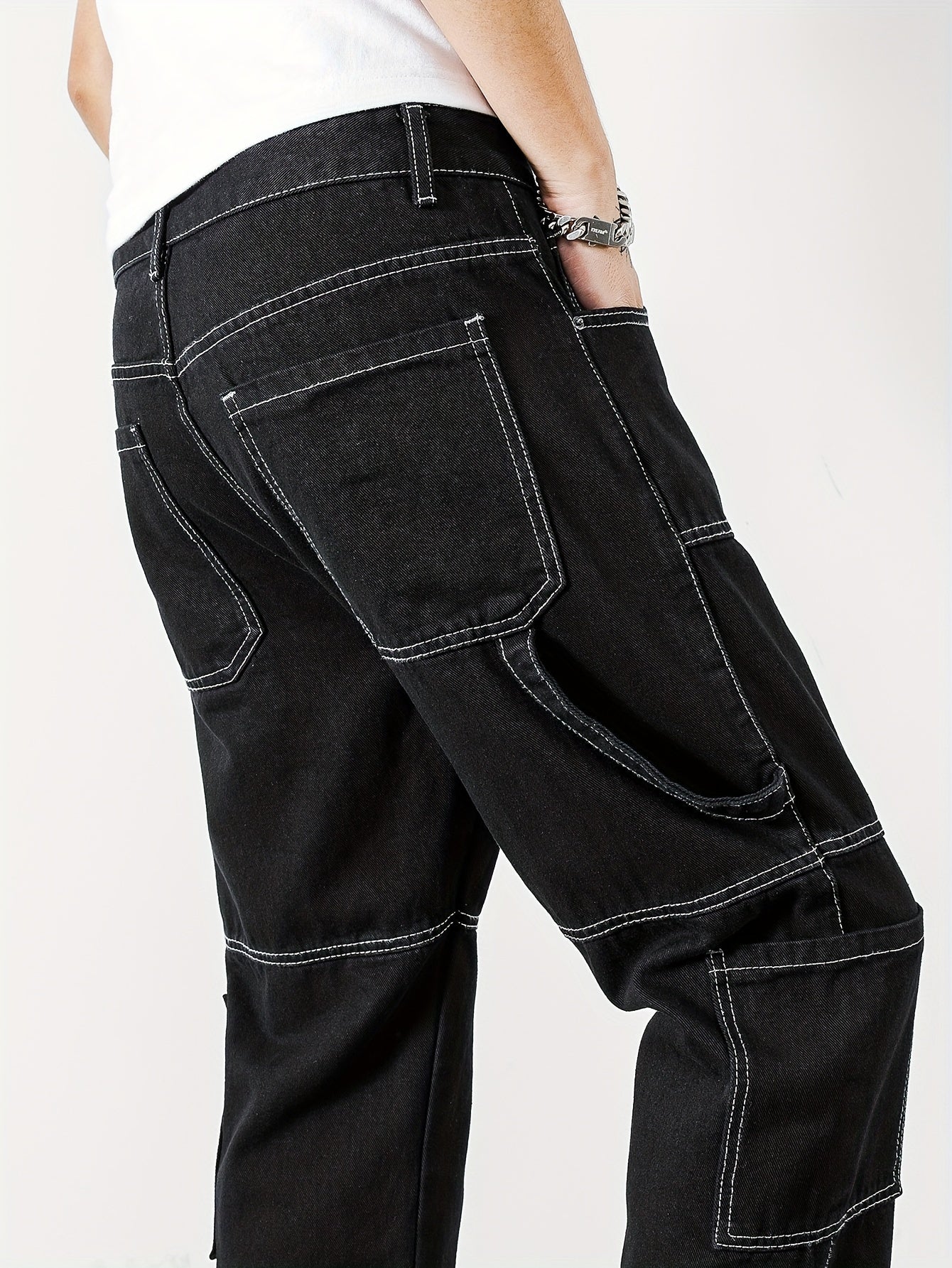 Mens Casual Cargo Pants with Spacious Pockets - Comfortable Straight Leg, Loose Fit Denim Style - Perfect for Outdoor Adventures, Trendy K-pop Inspired