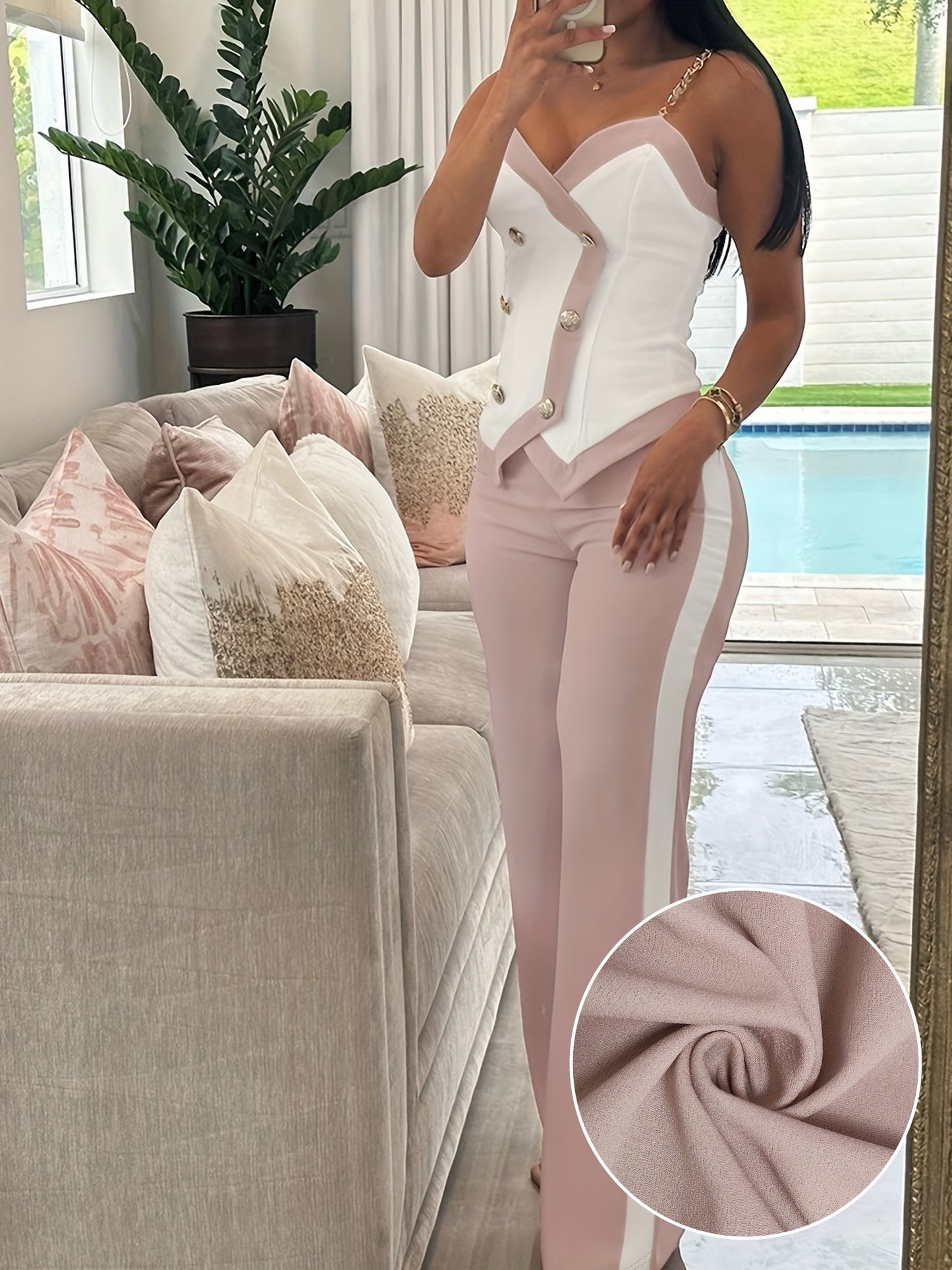 Stylish Color Block Pants Set - Women's Clothing - Double-Breasted Chain Strap Top & Straight Leg Pants Outfits with Elegant Design, Comfortable Wear, and Versatile Style for Daily Life