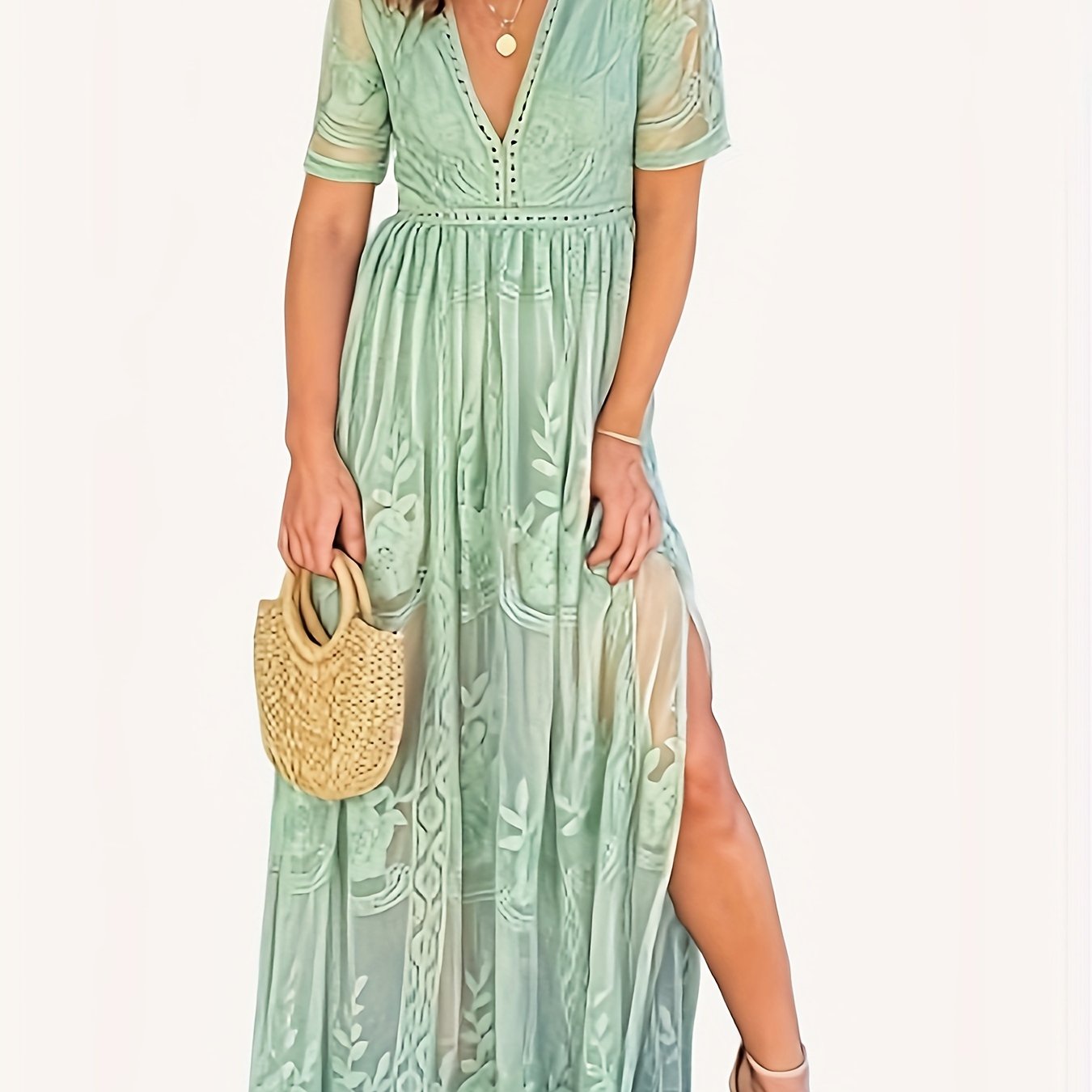 Romantic Lace Plunge Neck A-line Dress - Flirty Short Sleeves, Adjustable Split Hem for Spring & Summer Vacations - Womens Chic Casual Wear