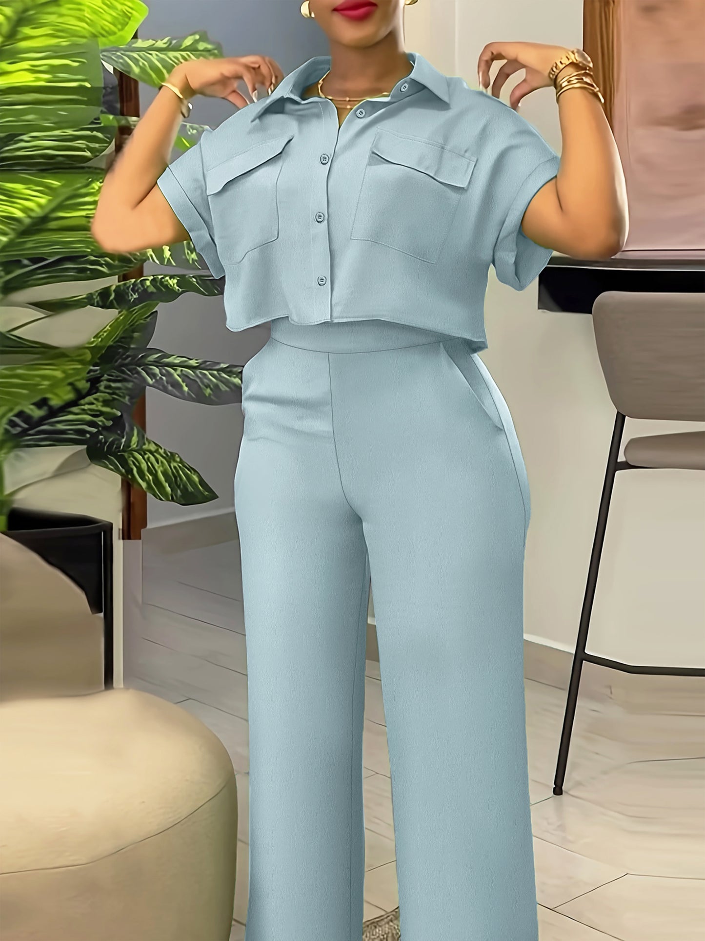 Two-Piece Solid Color Casual Outfit - Lapel Collar Short Sleeve Shirt and Pants Set - Polyester Woven Fabric, Spring/Summer Essential, No Elasticity, No Printing, and No Sheer