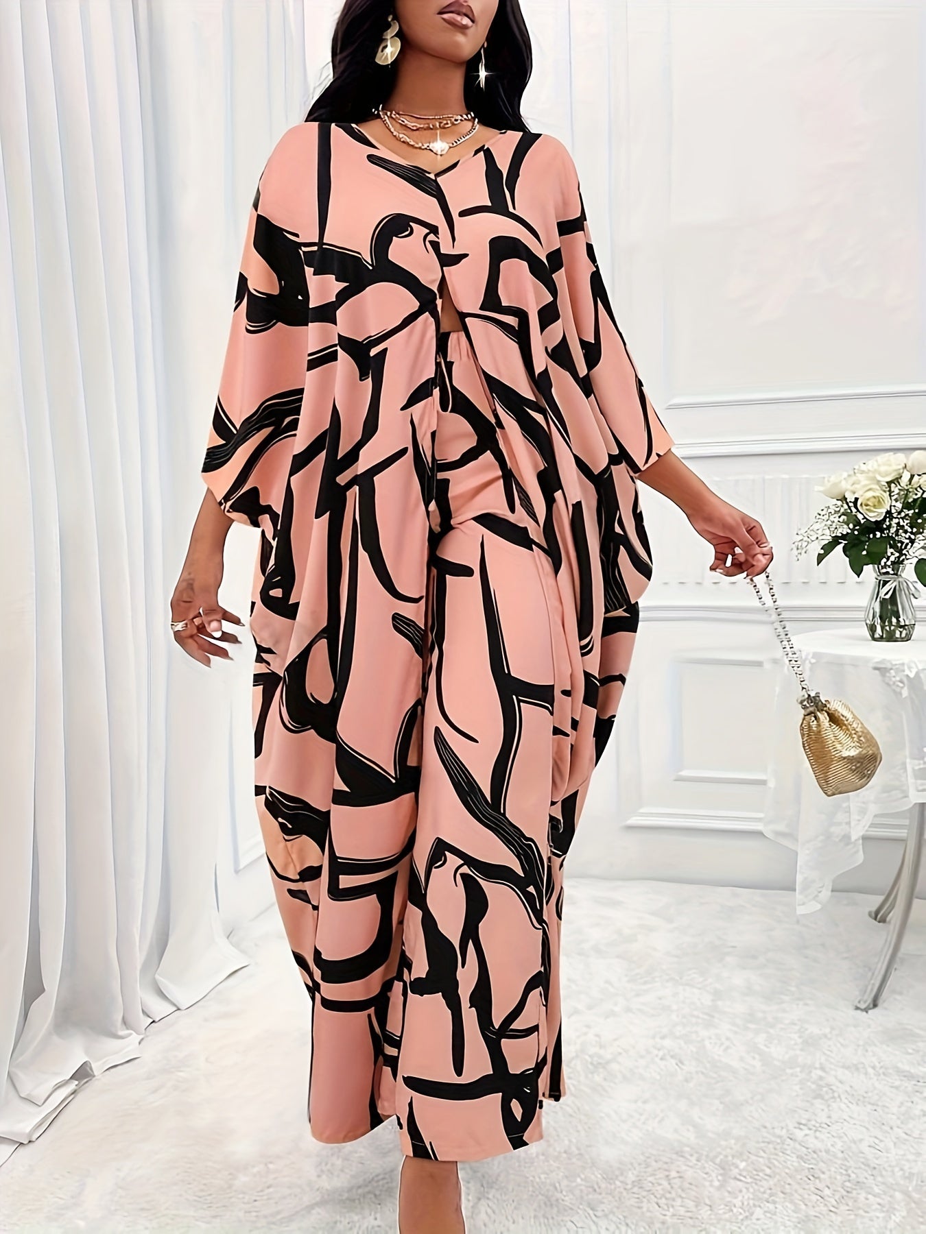 Two-Piece All Over Print Elegant Outfit - V Neck Batwing Sleeve Slit Top & High-Waisted Pants Set - Polyester, Non-Elastic, Woven, Random Print, Suitable for All Seasons
