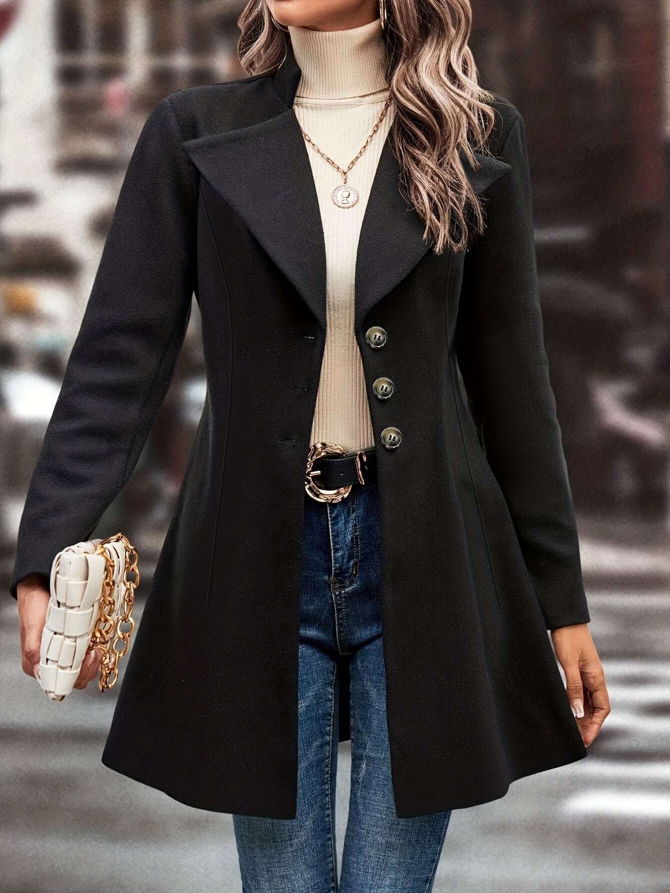Classic Single Button Lapel Long Sleeve Solid Color Polyester Knit Overcoat - Elegant Winter Outwear with Micro Elasticity and Versatile Style - Perfect for Womens Formal Occasions
