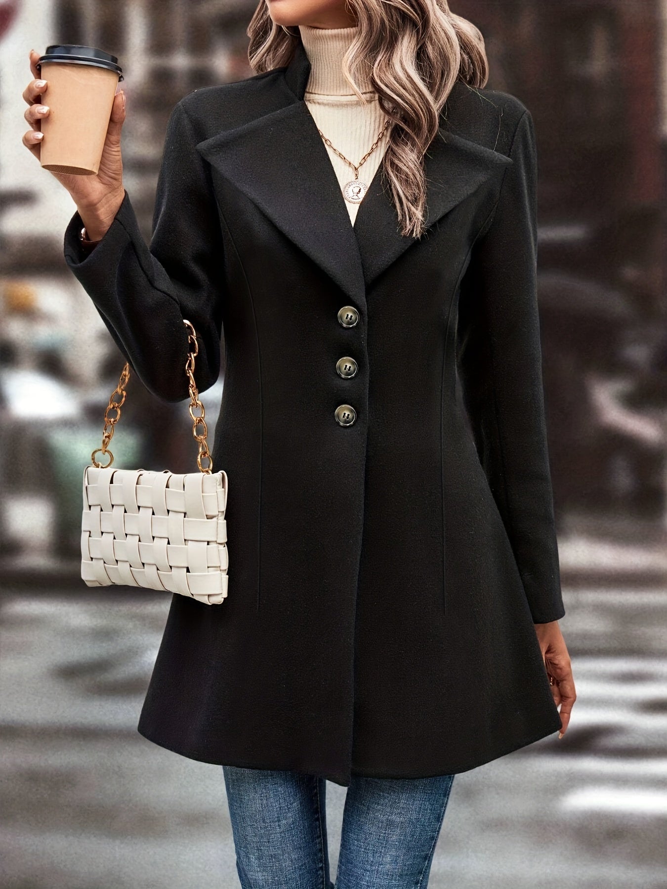 Classic Single Button Lapel Long Sleeve Solid Color Polyester Knit Overcoat - Elegant Winter Outwear with Micro Elasticity and Versatile Style - Perfect for Womens Formal Occasions