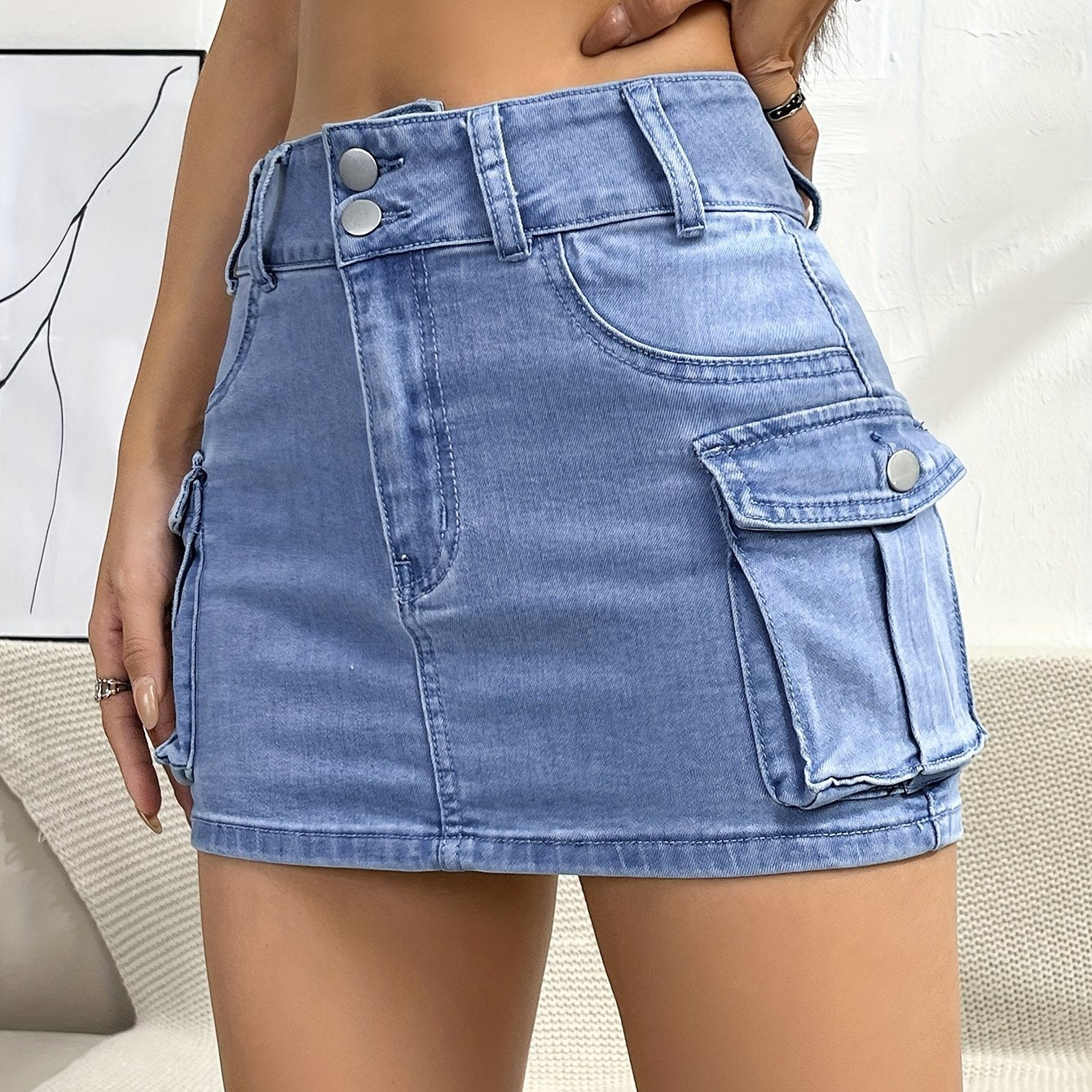 Fashionable Womens Denim Cargo Skirt - Flattering Multi-pocket Design with Single Button Accent - Form-fitting Mid-stretch Denim - Versatile Casual Wear for Your Closet