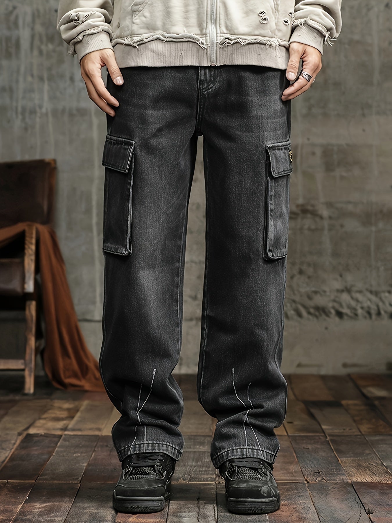 Relaxed Fit Multi-Pocket Denim Jeans - Soft Cotton Blend, Breathable, Comfortable, Versatile Pants for Outdoor Activities, Casual Wear, and Everyday Use