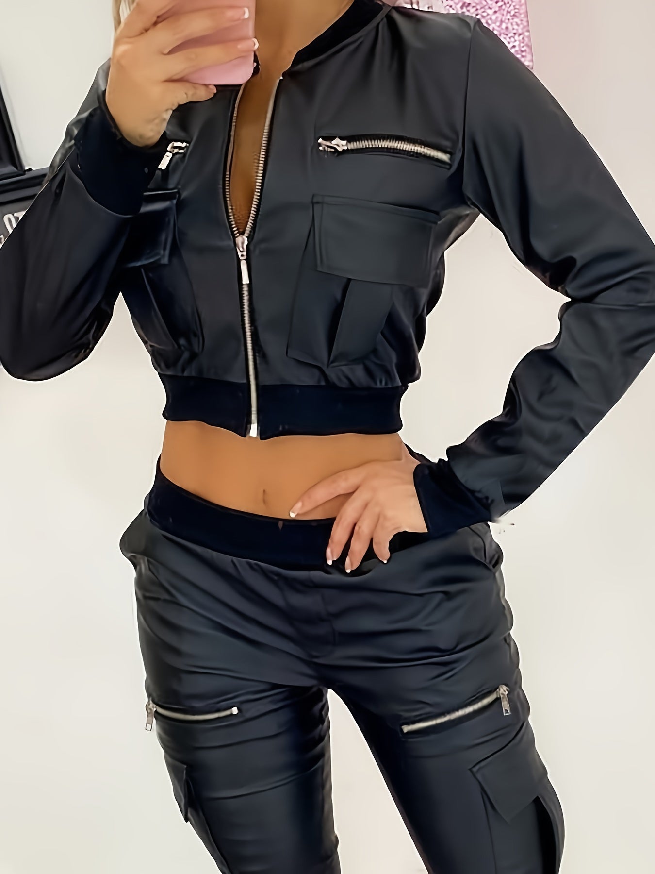 Trendy Solid Crop Jacket - Long Sleeve, Zipper Front, Y2K Inspired, Perfect for Spring & Fall, Women's Fashion Clothing for Casual Daily Wear
