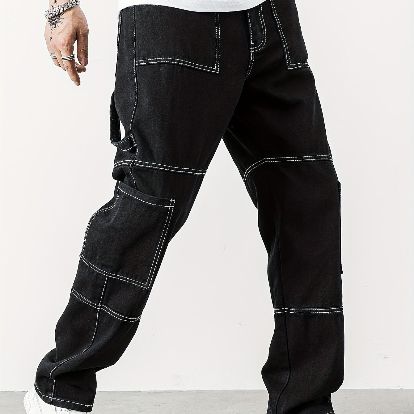 Mens Casual Cargo Pants with Spacious Pockets - Comfortable Straight Leg, Loose Fit Denim Style - Perfect for Outdoor Adventures, Trendy K-pop Inspired