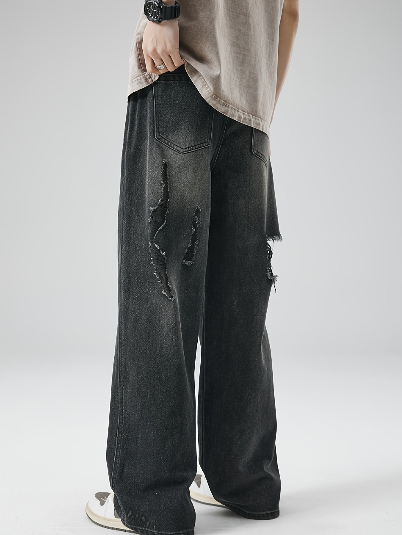Men's Loose Fit Wide Leg Ripped Jeans, Men's Stylish Comfy Denim Pants, Street Style Fashion