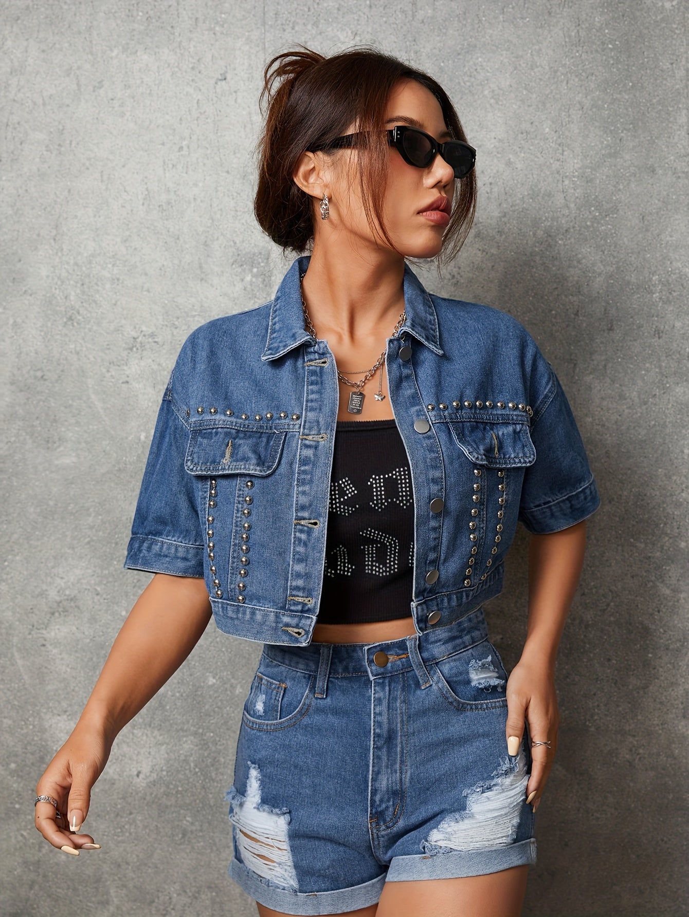 Stylish Denim Top - Sleek Short Sleeves, Eye-Catching Studded Accents, Classic Lapel Collar, Timeless Single-Breasted Design, Relaxed Fit for Everyday Wear - Womens Fashion, Part of Our Denim Collection