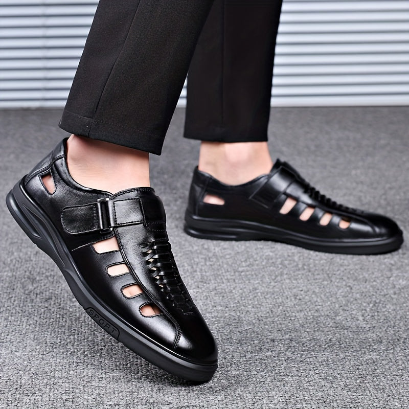 Mens Business Sandals - Timeless Solid Color Design, Classic Business Style, Hook & Loop Fastener, Ultra-Comfy, Slip-Resistant Rubber Sole, Durable - Ideal for Formal Events, Work, or Daily Wear