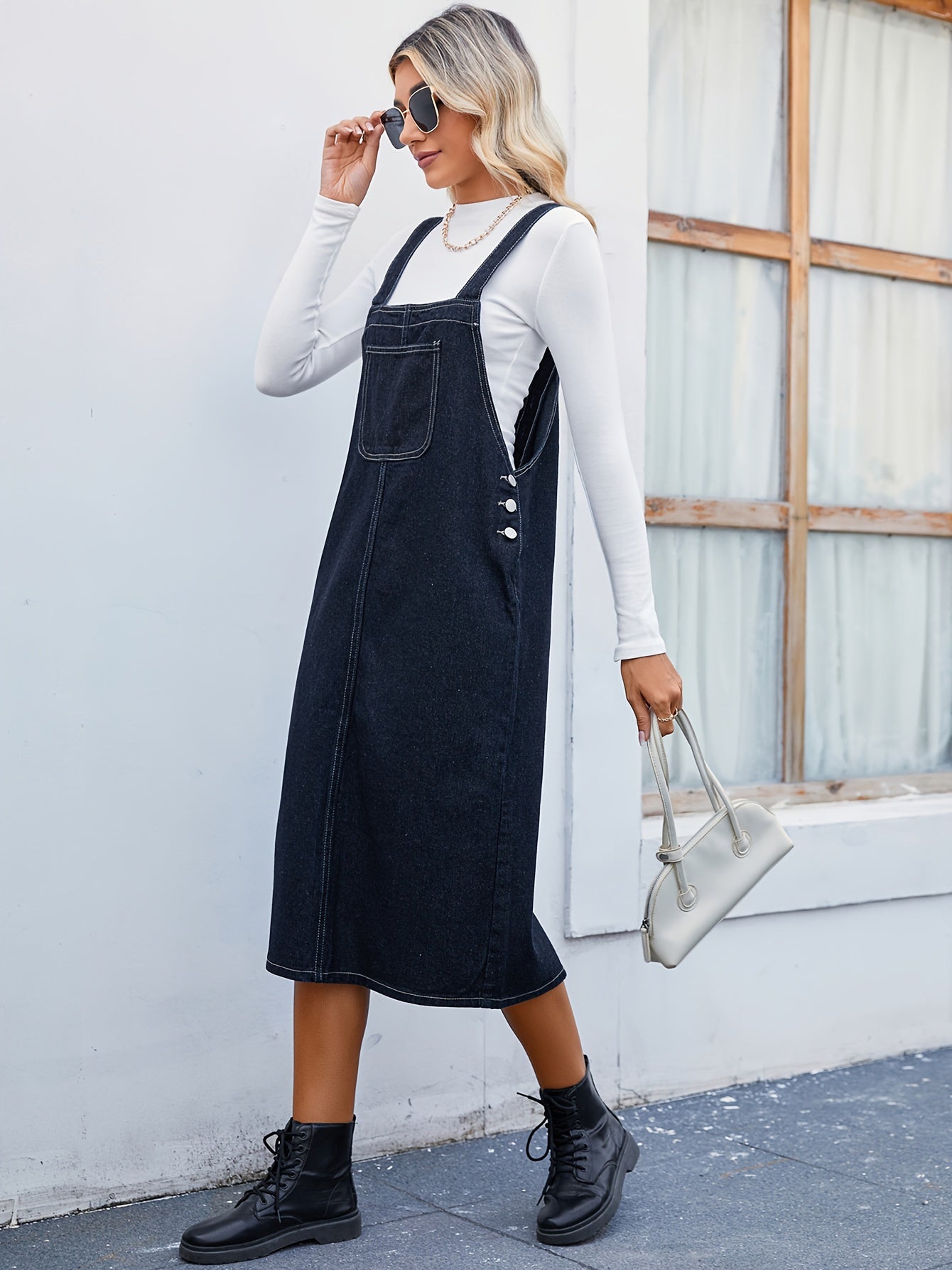 Plain Dark Washed Blue Loose Fit Denim Overall Dress, Patch Pocket Versatile Casual Denim Dress, Women's Denim Jeans & Clothing