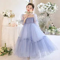 Cute Blue Flower Girls Dresses Long Sleeve Bead Princess Kids Floor Length Bridesmaid Dress Ball Girl Pageant Gown Shiny Bling Birthday Gowns 403