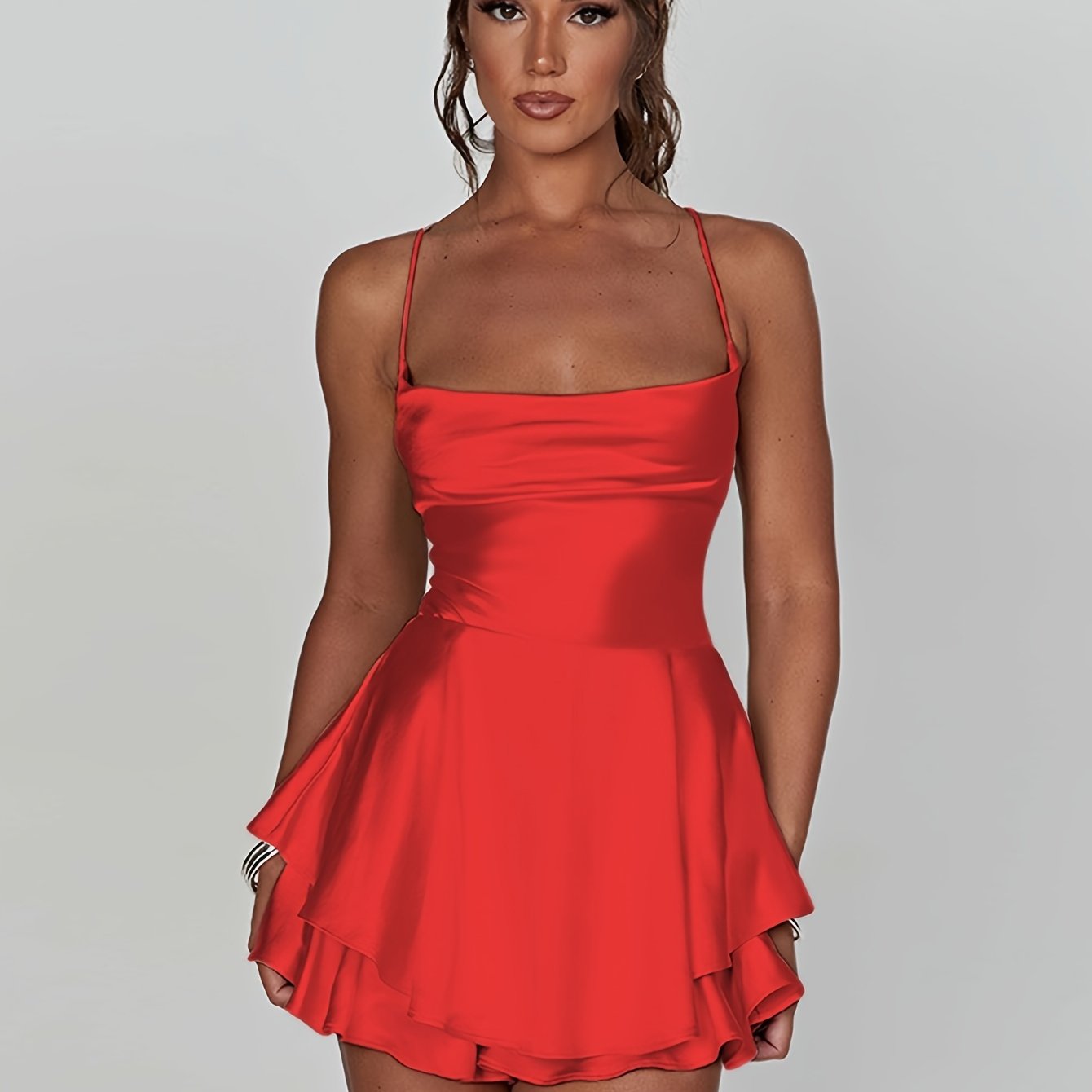 Mini Backless Ruffle Slingback Dress - Elegant Square Neck, High Elasticity Polyester, Solid Color, Knit Fabric, Perfect for Coquette Y2K Style Party Dressing - Womens Clothing for All Seasons