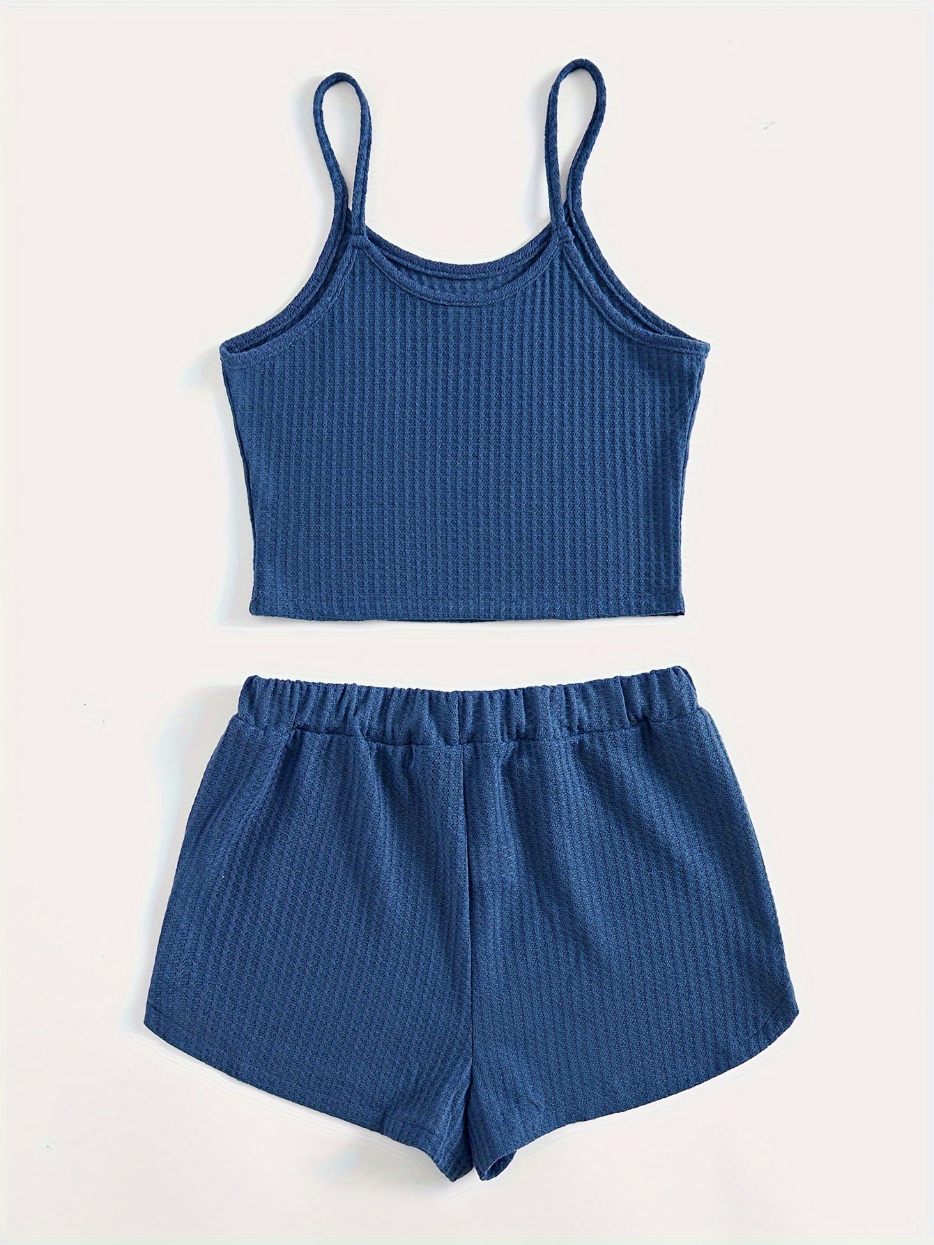 Solid Waffle Shorts Casual Set, Spaghetti Strap Sleeveless Crop Cami Top & Knotted Front Shorts Outfits, Women's Clothing