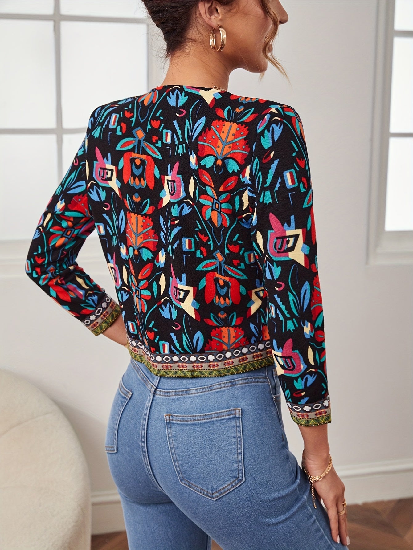 Stylish Ethnic Print Open Front Long Sleeve Slim Fit Jacket - Elegant Spring and Fall Essential, Soft and Cozy, Women's Clothing for Chic Ladies