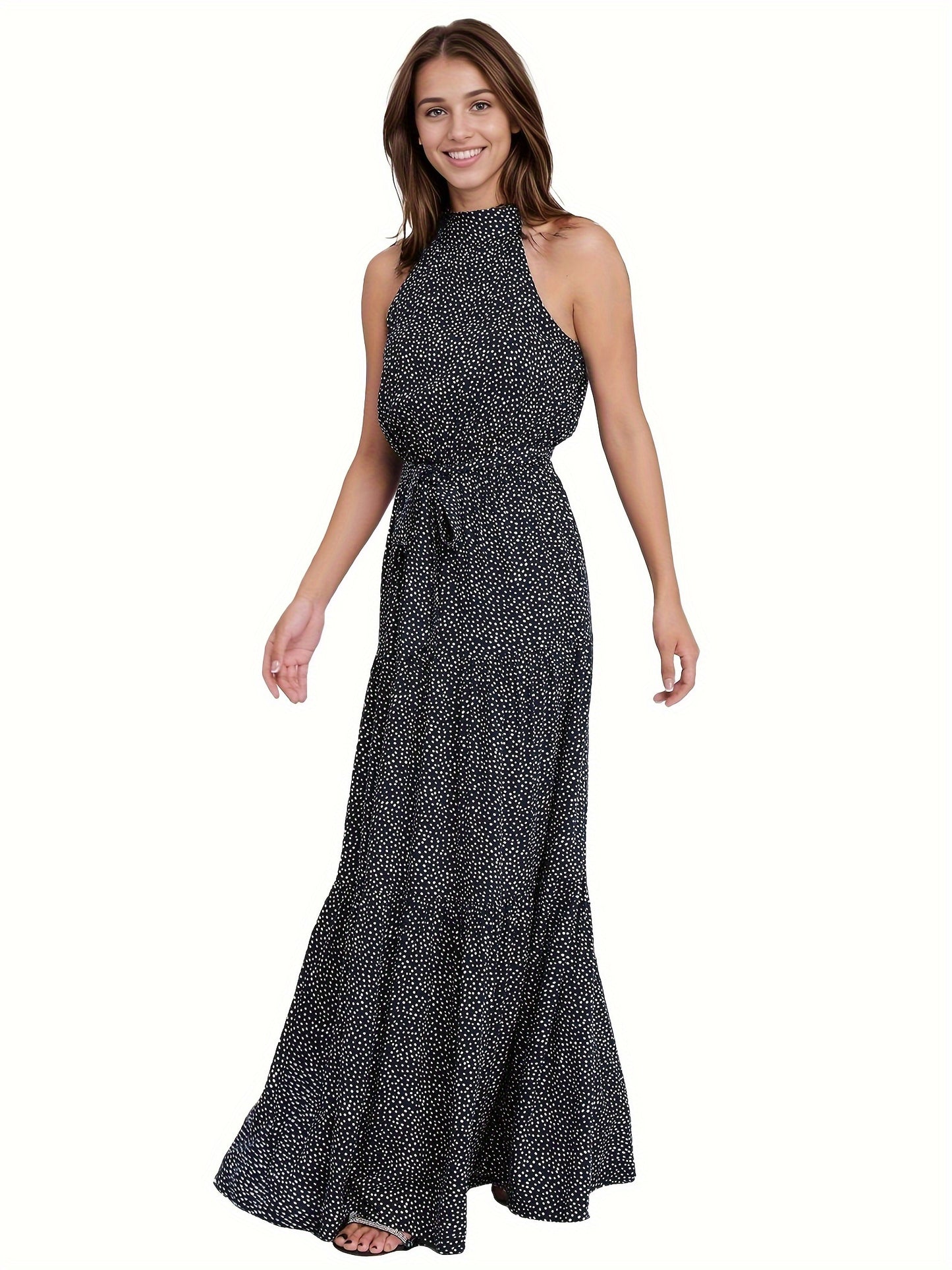 Polka Dot Halter Neck Maxi Dress, Elegant Sleeveless Belted Dress For Spring & Summer, Women's Clothing