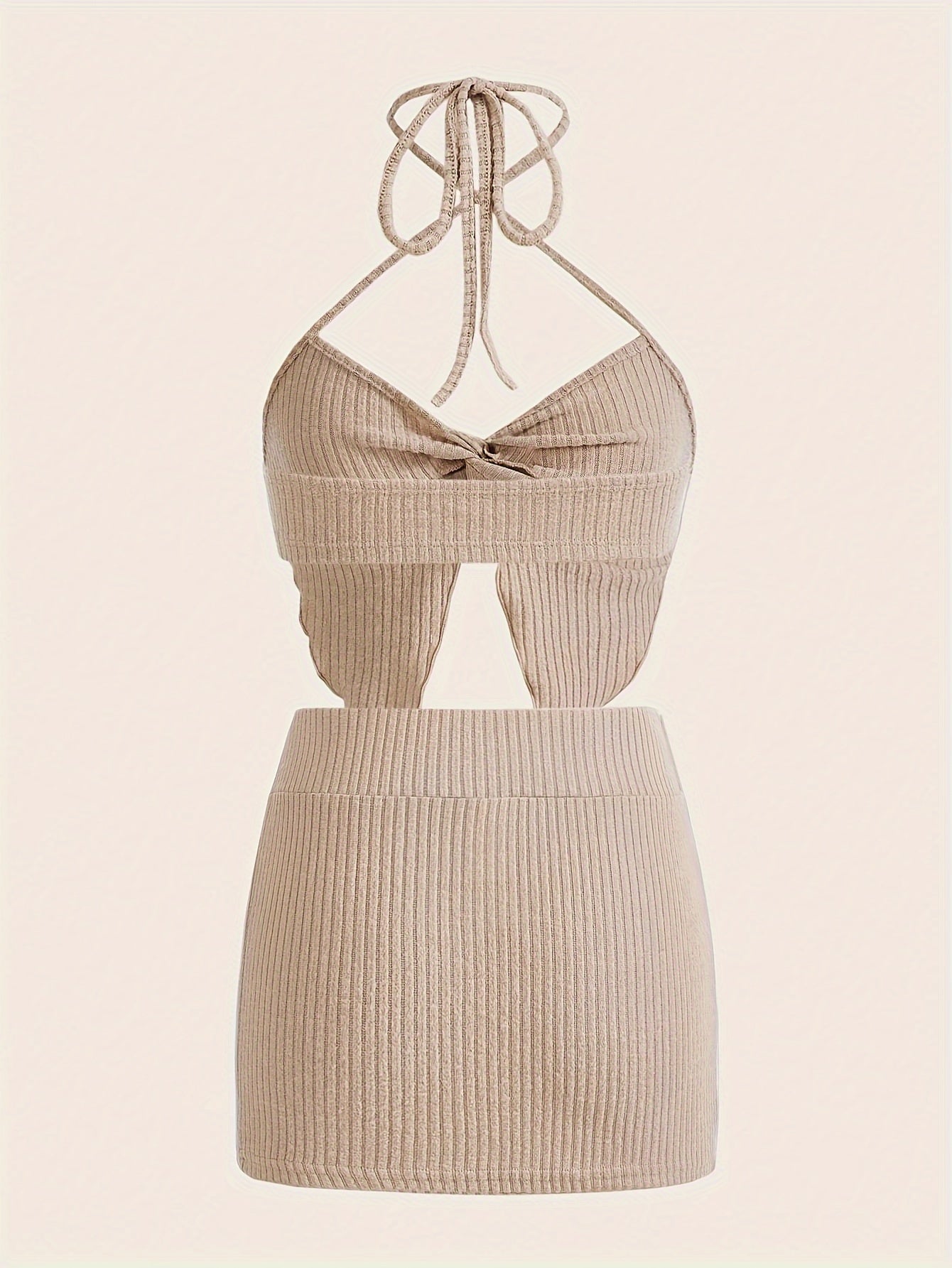 Sultry Solid Ribbed Skirt Set - Figure-Flattering Halter Crop Top & Cozy Knit Skirt Outfit - Womens Casual Fashion Clothing Ensemble