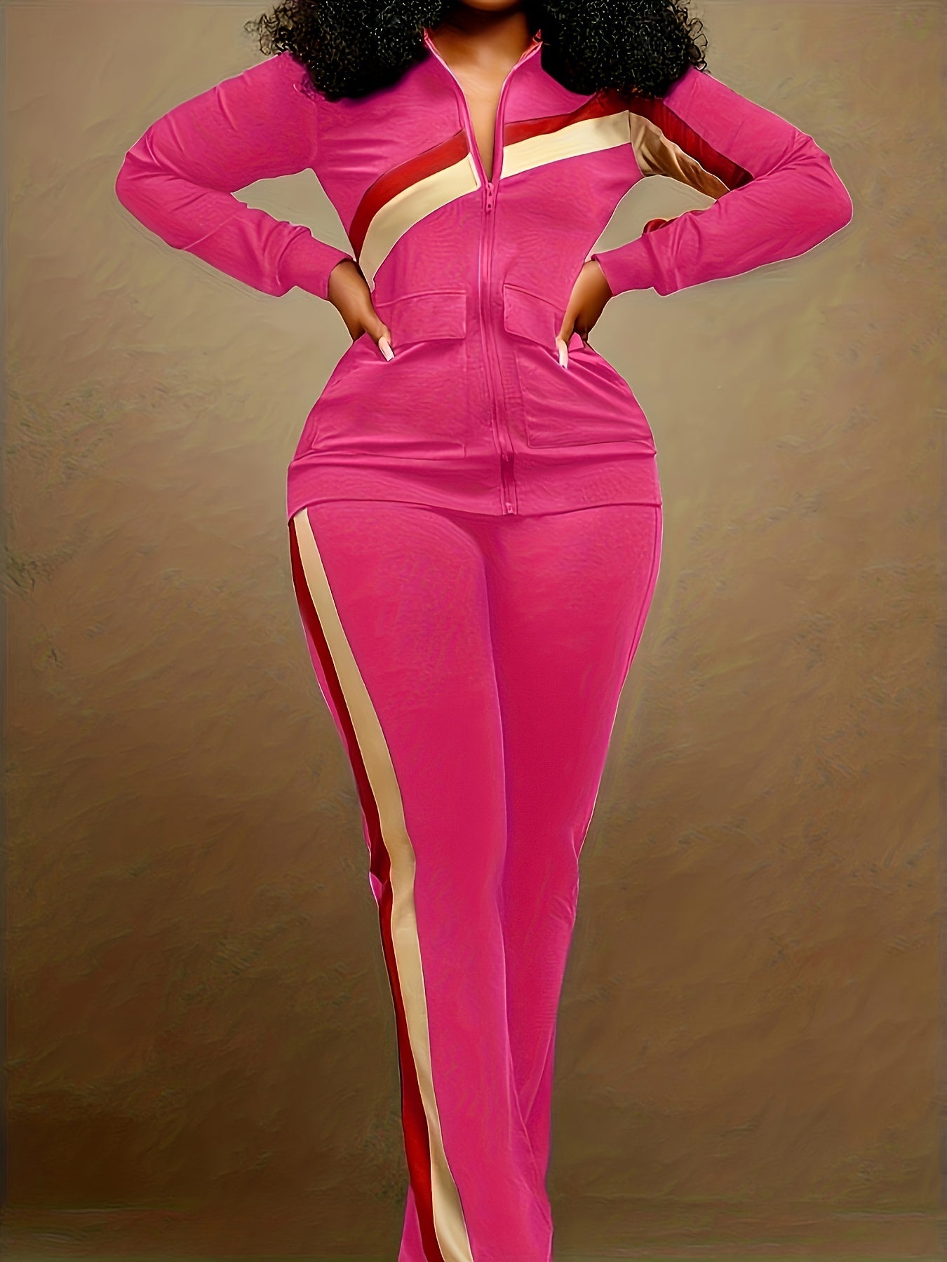 Spring/Fall Chic Stripe Set: Easy-Care Zip Jacket & Relaxed Wide-Leg Pants, Casual Retro Style