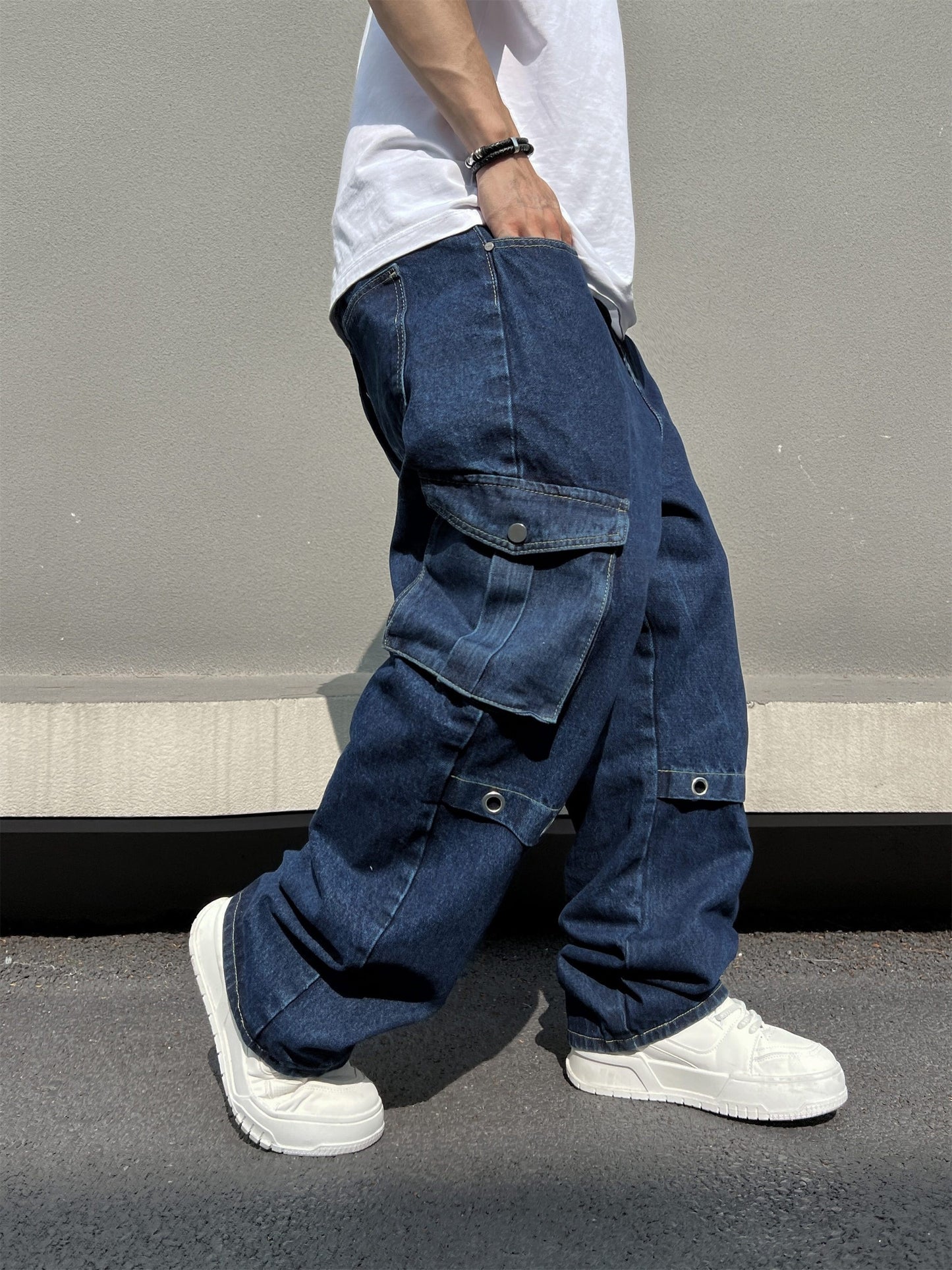 Men's Casual Loose Fit Jeans, Chic Street Style Multi Pocket Denim Pants