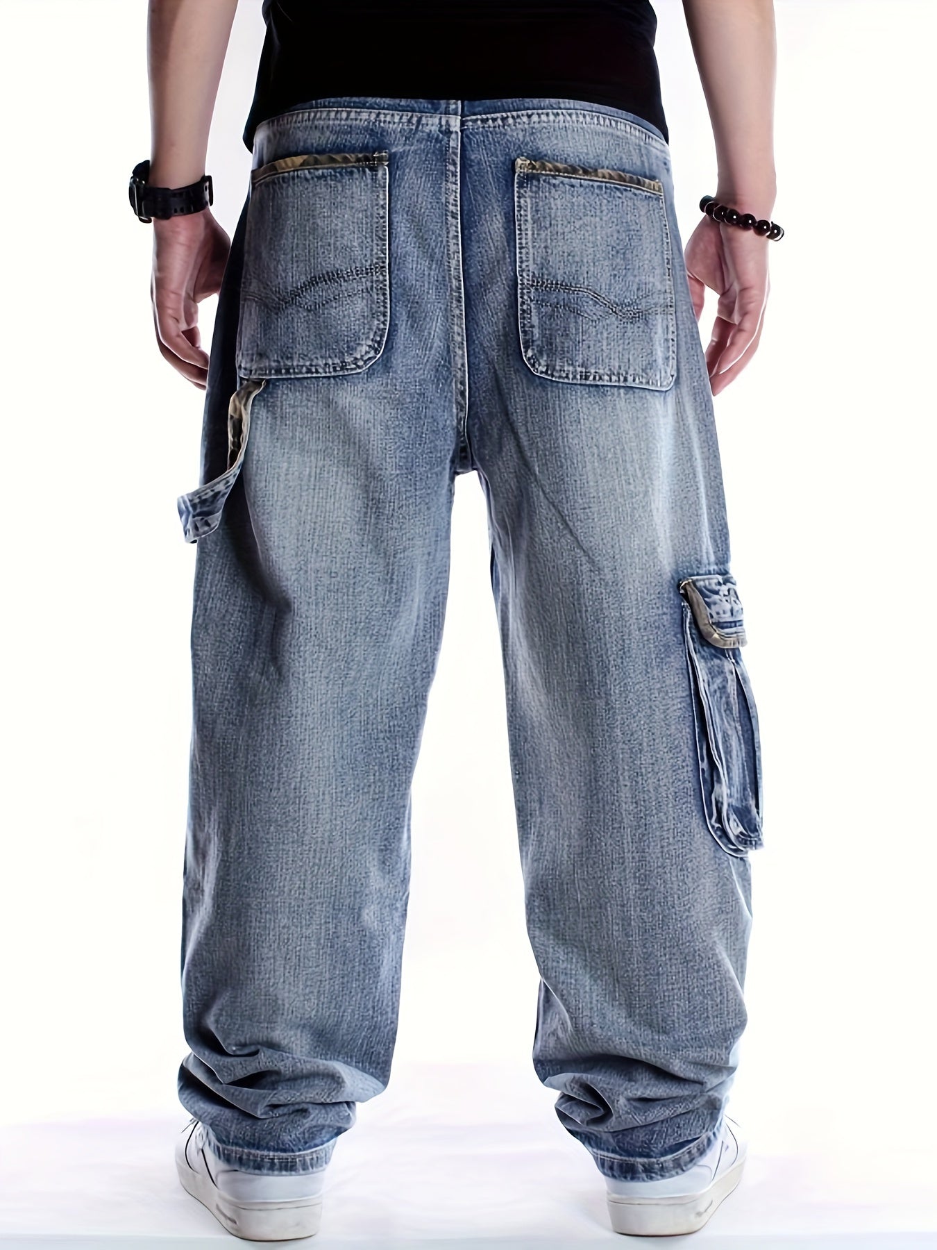 Plus Size Men's Fashionable Multi-Pocket Straight Leg Jeans - Stylish Street Dance and Skateboard Wear with Loose Fit, Round Neck, and Hip Hop Inspiration - Daily Wear for Casual Occasions