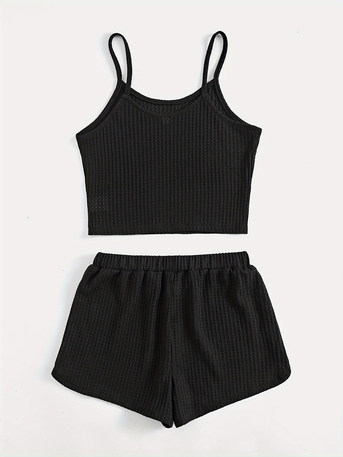 Solid Waffle Shorts Casual Set, Spaghetti Strap Sleeveless Crop Cami Top & Knotted Front Shorts Outfits, Women's Clothing