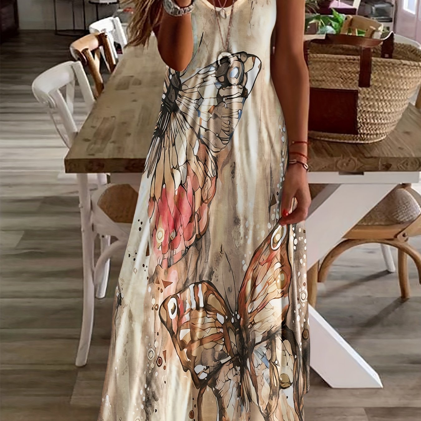 Butterfly Print V-Neck Casual Dress - Lightweight & Feminine for Spring & Summer - Short Sleeve, Comfortable Fit - Trendy Womens Clothing for Warm Weather