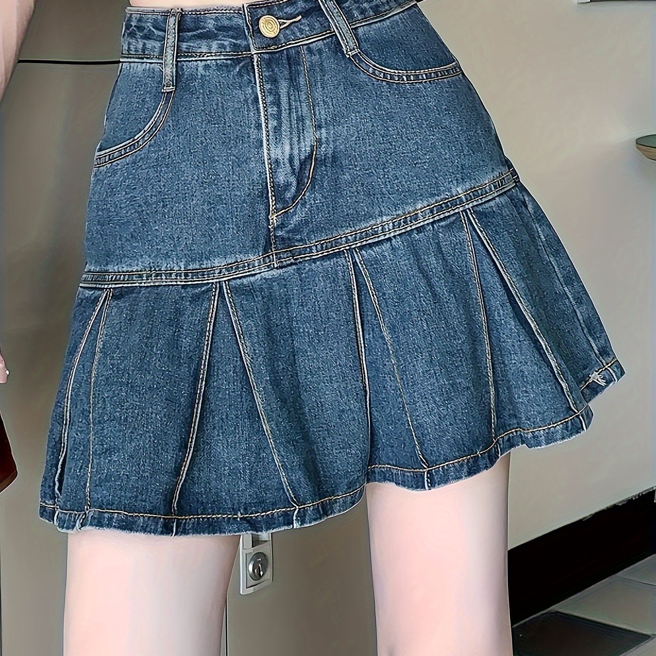 High-Waisted Pleated A-Line Mini Skirt for Women - Slim Fit, Non-Stretch Cotton, Button Closure, Machine Washable - Retro Chic Style for Spring, Summer, and Fall Seasons