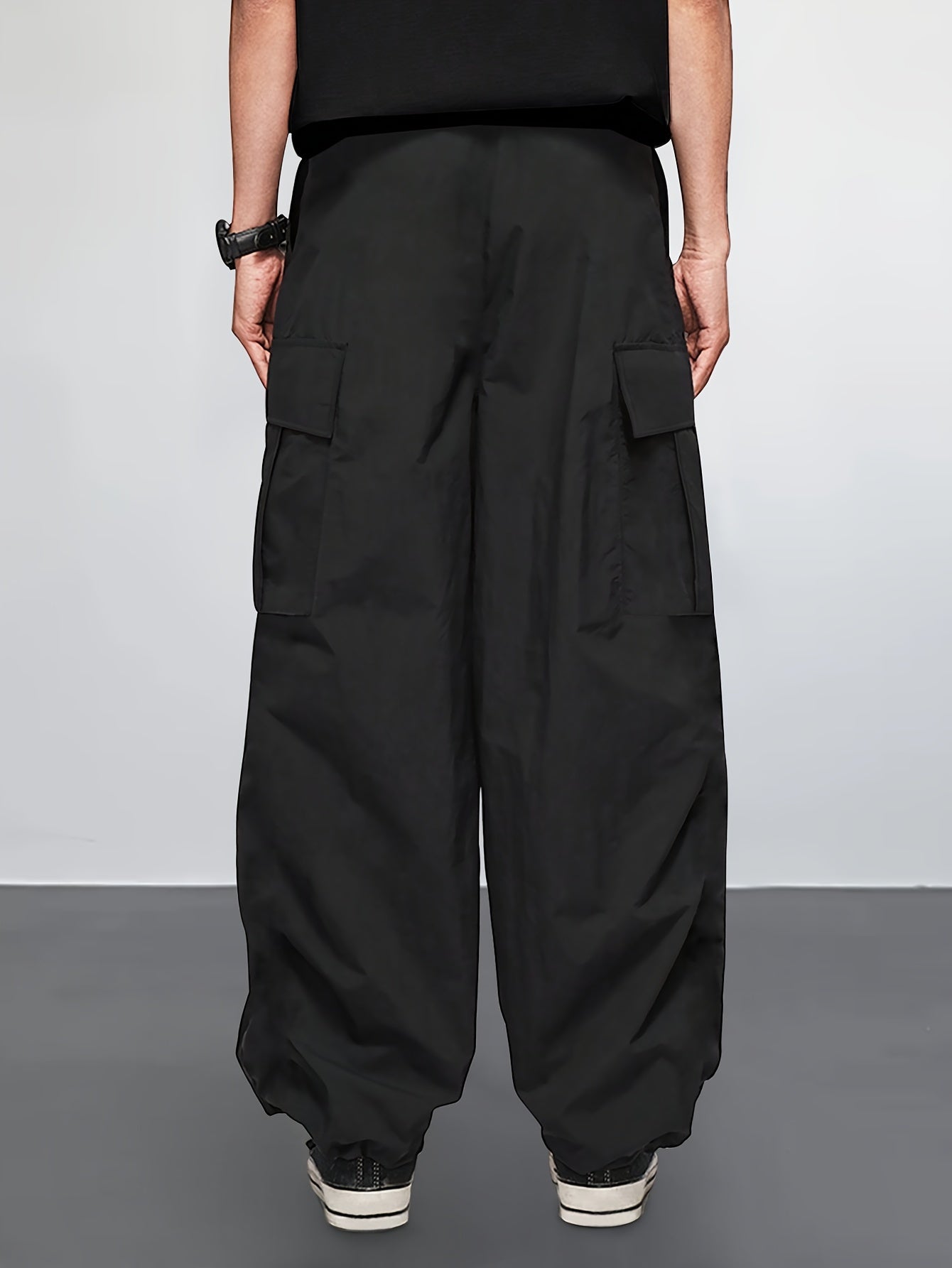 Rugged yet Stylish Mens Cargo Pants - Loose Fit, Solid Color with Flap Pockets & Adjustable Drawstring Hem - Ideal for Outdoor Adventures, Casual Wear & Street Style