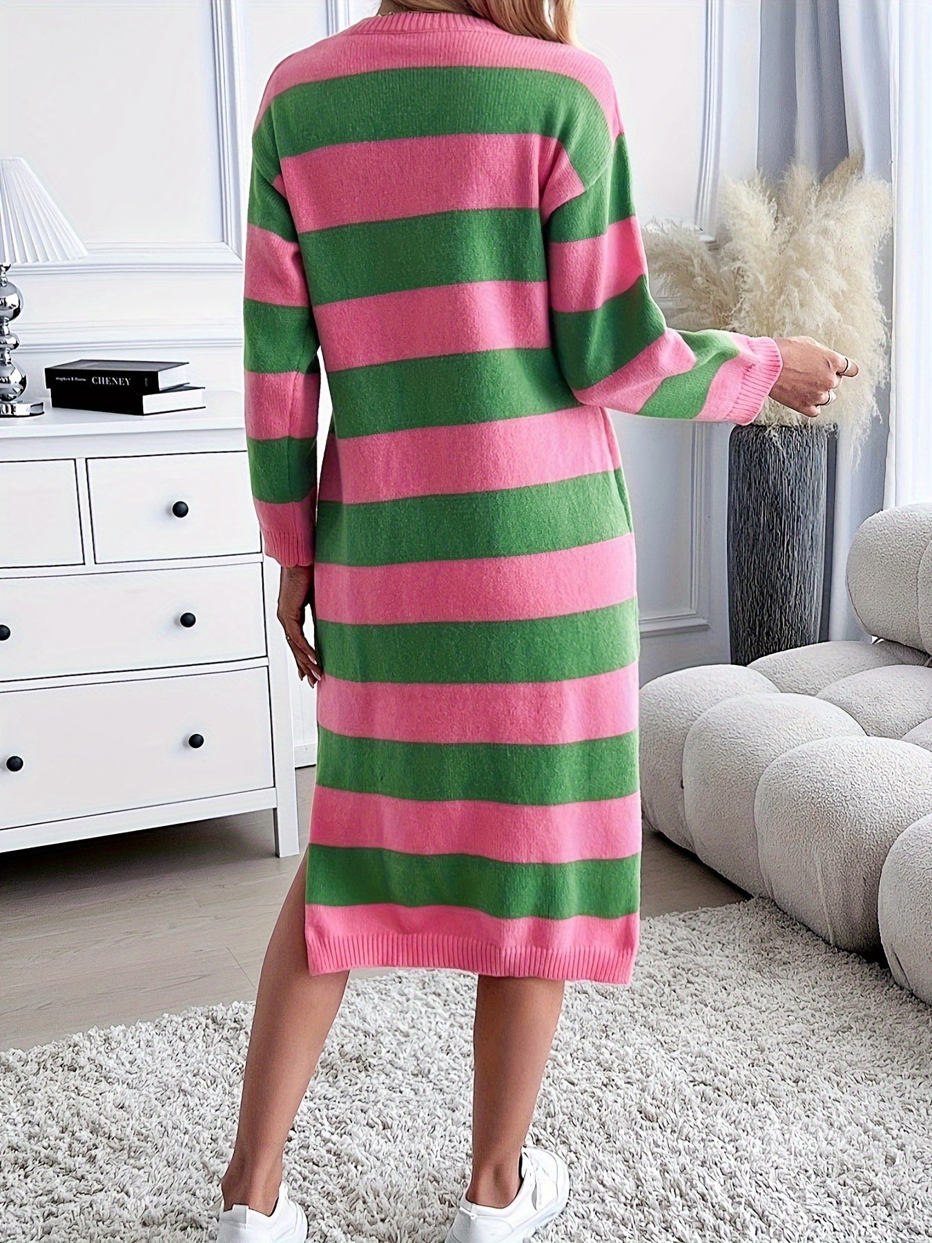 Cozy Stripe Pattern Long Sleeve Knit Dress - Soft Crew Neck, Split Hem, Loose Fit, Winter & Fall Essential - Women's Casual Clothing for Everyday Wear
