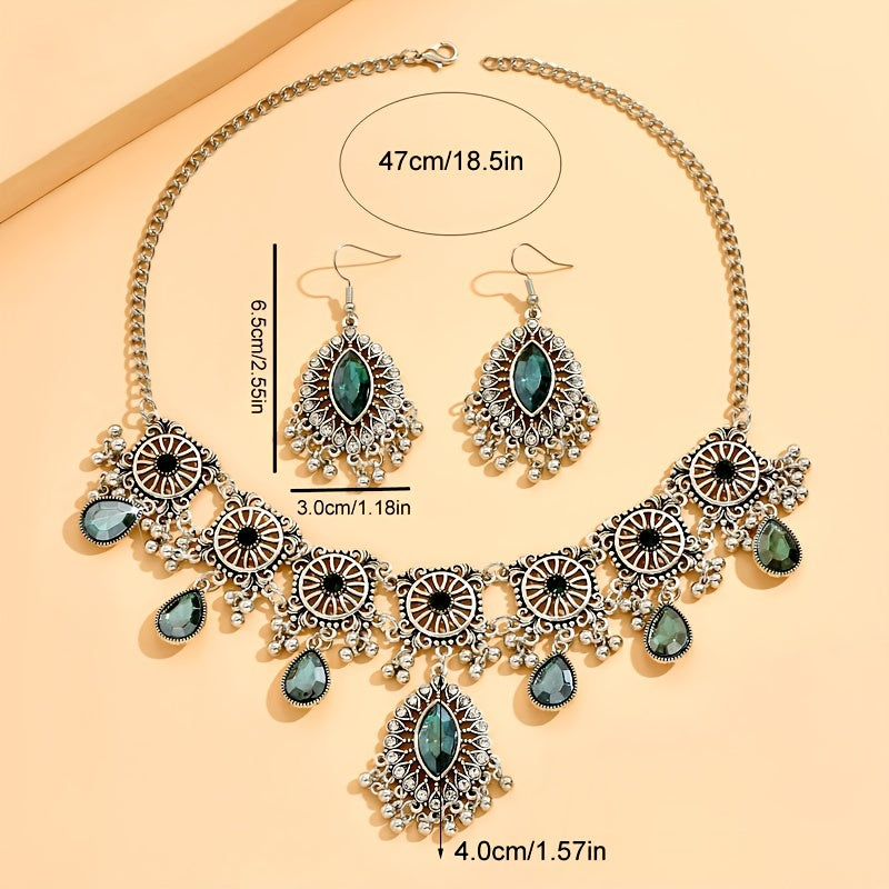 Enchanting Vintage Floral Gemstone Jewelry Set - Dazzling Dangle Earrings & Necklace - Premium Silver Plated, Ethnic Style - Perfect Womens Gift for Eid or Any Special Occasion