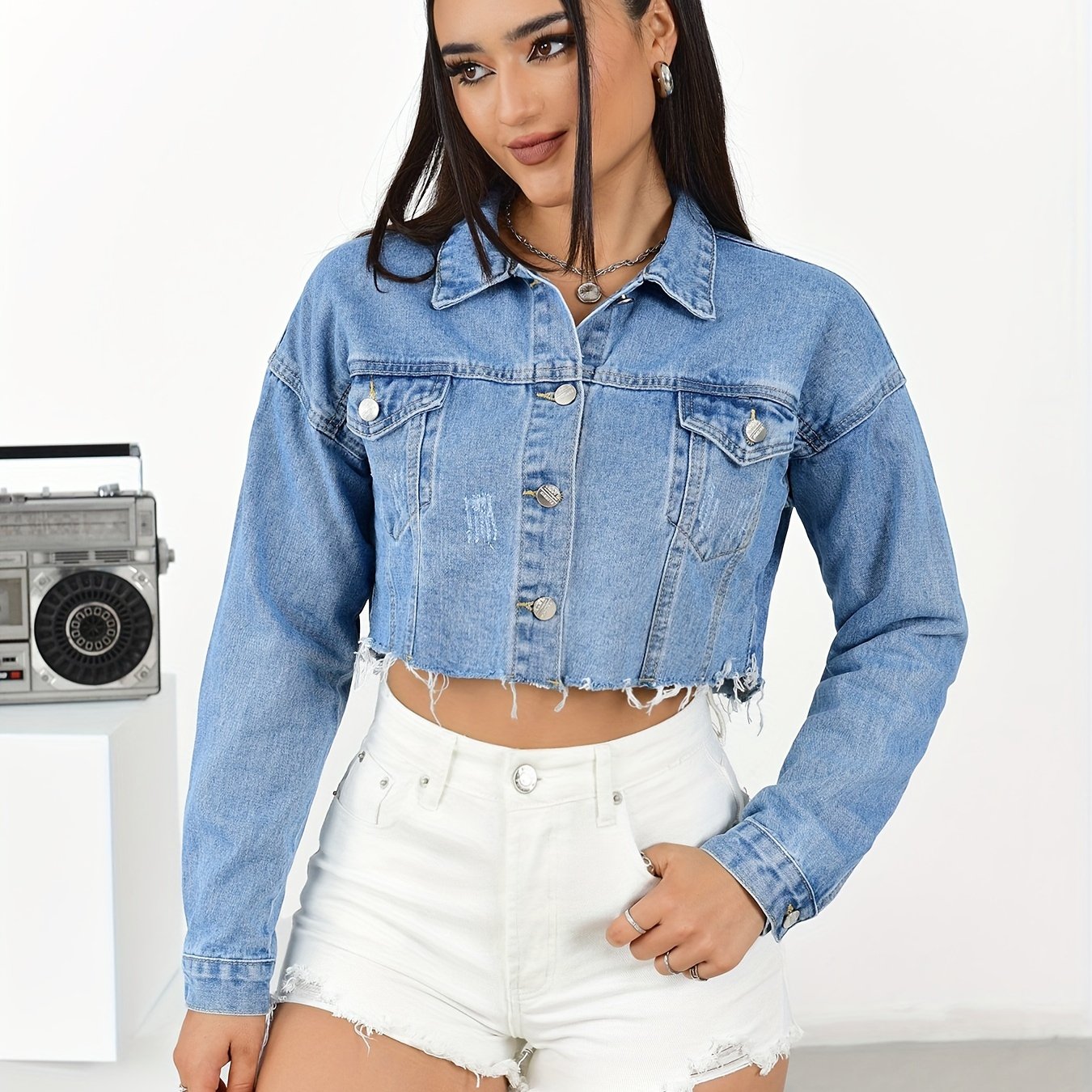 Long Sleeve Solid Color Crop Denim Jacket with Lapel Collar and Flap Pockets - Classic Casual Denim Top for Women - Perfect for Spring, Summer, and Fall Seasons