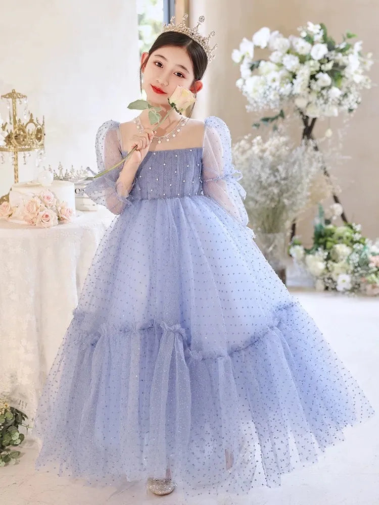 Cute Blue Flower Girls Dresses Long Sleeve Bead Princess Kids Floor Length Bridesmaid Dress Ball Girl Pageant Gown Shiny Bling Birthday Gowns 403