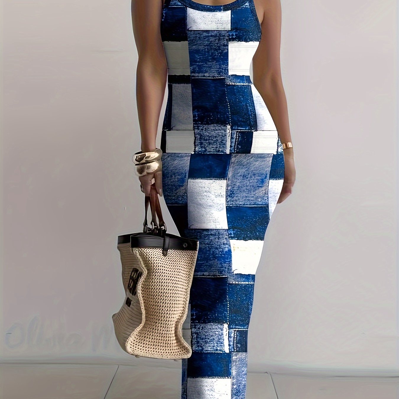 Patchwork Print Bodycon Dress, Elegant Spaghetti Strap Sleeveless Dress, Women's Clothing